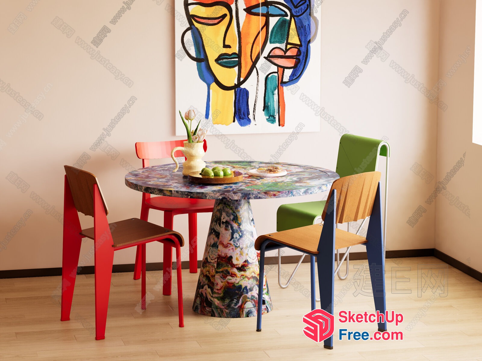 Colorful Dining Room Scene With Abstract Painting 3D SketchUp File