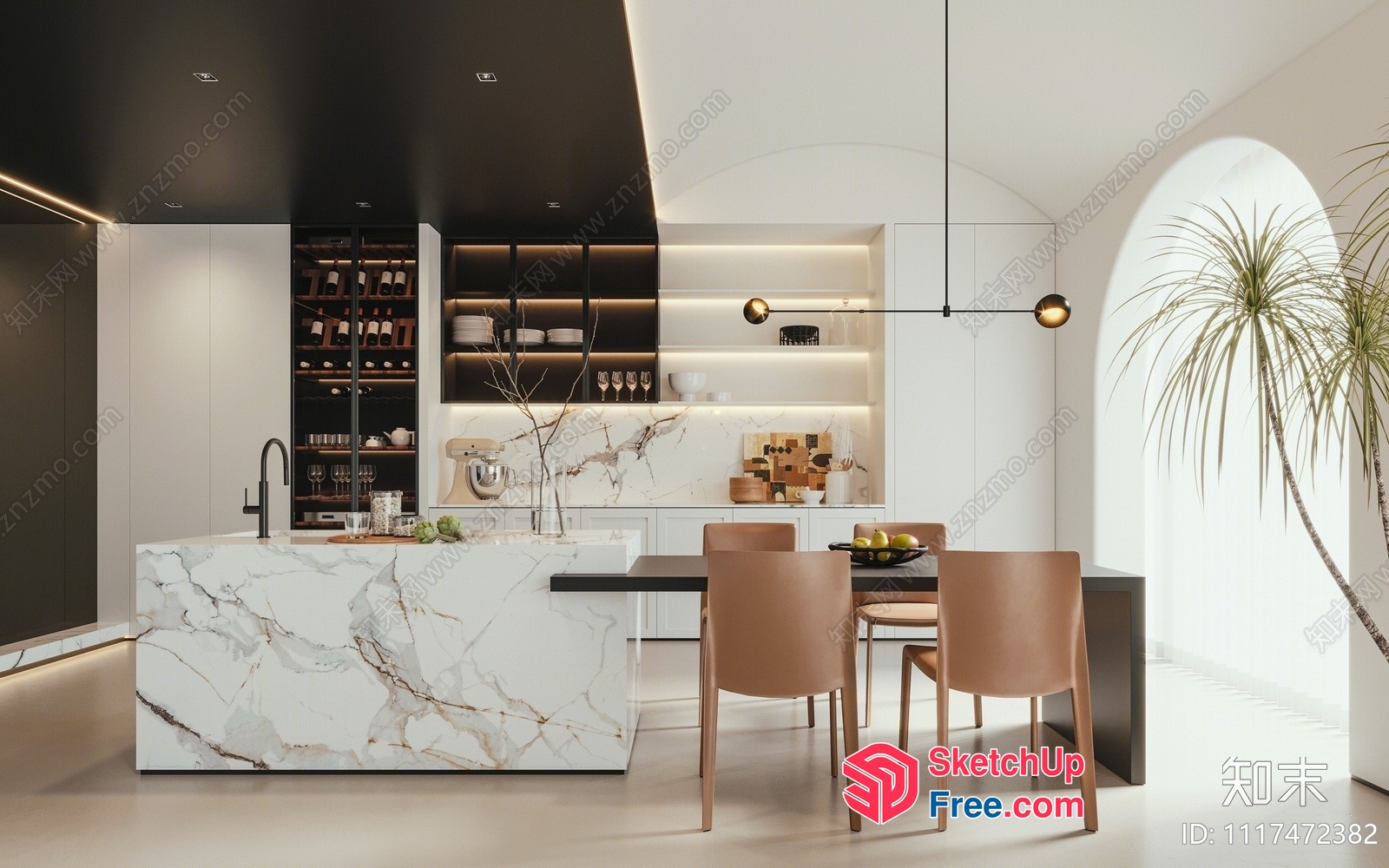 Modern Kitchen Island With Sleek White And Brown Marble 3D SketchUp File