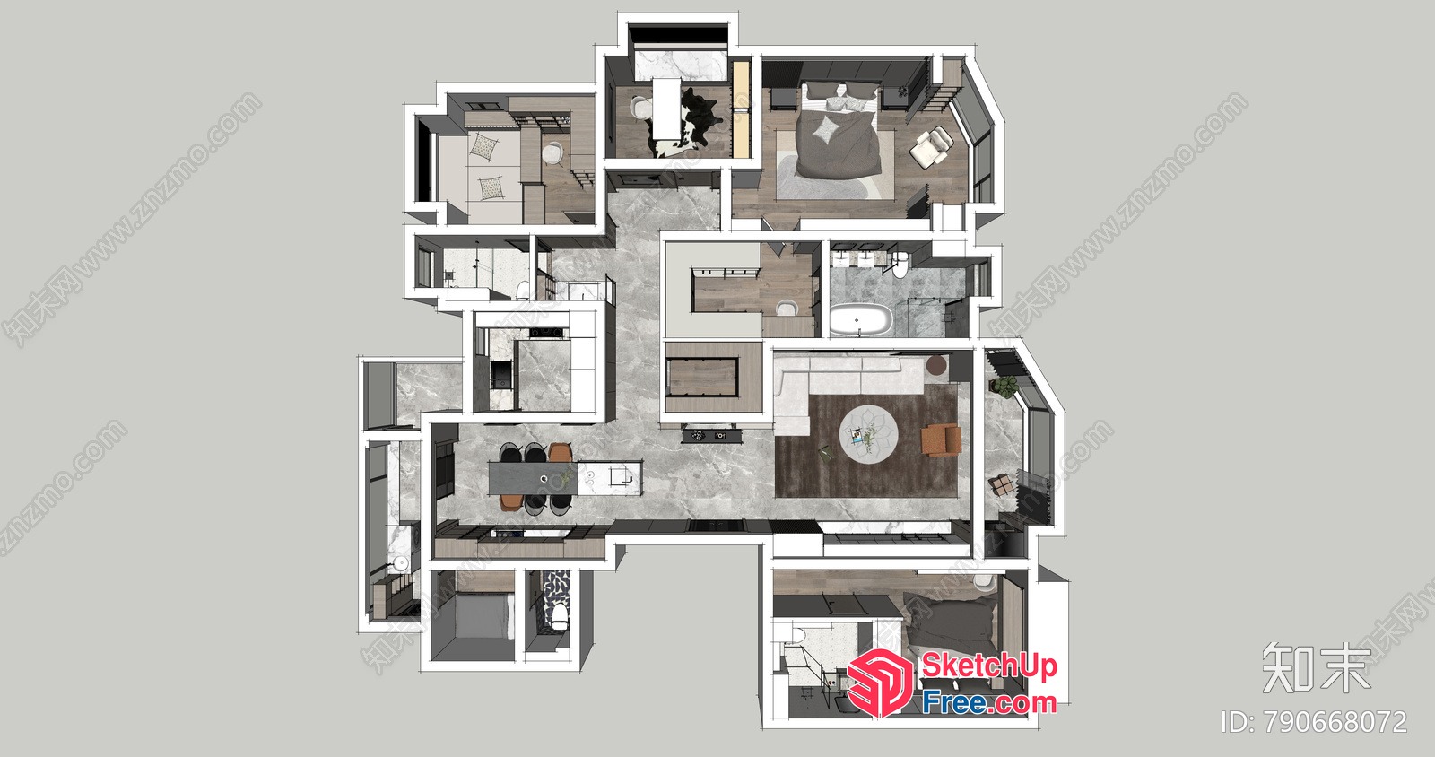 Modern Apartment Floor Plan With Various Rooms 3D SketchUp File