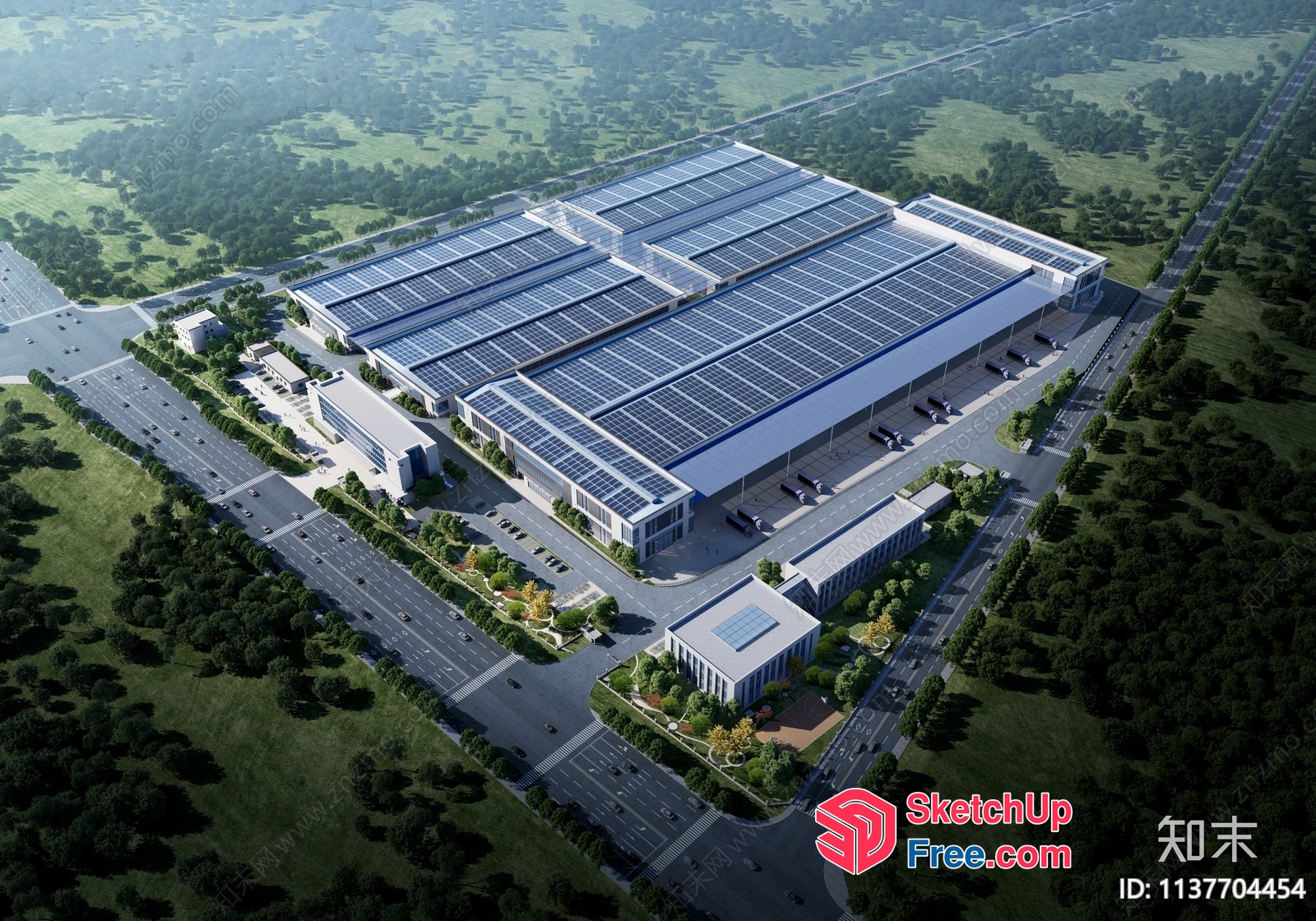 Large Industrial Park Building With Solar Panels 3D SketchUp File