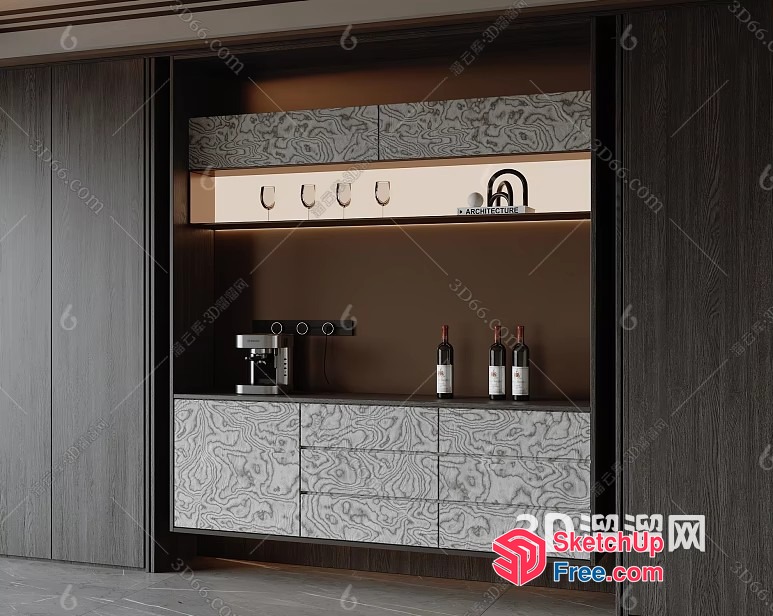 Modern Kitchen Interior With Wine Bottles And Appliances 3D SketchUp File