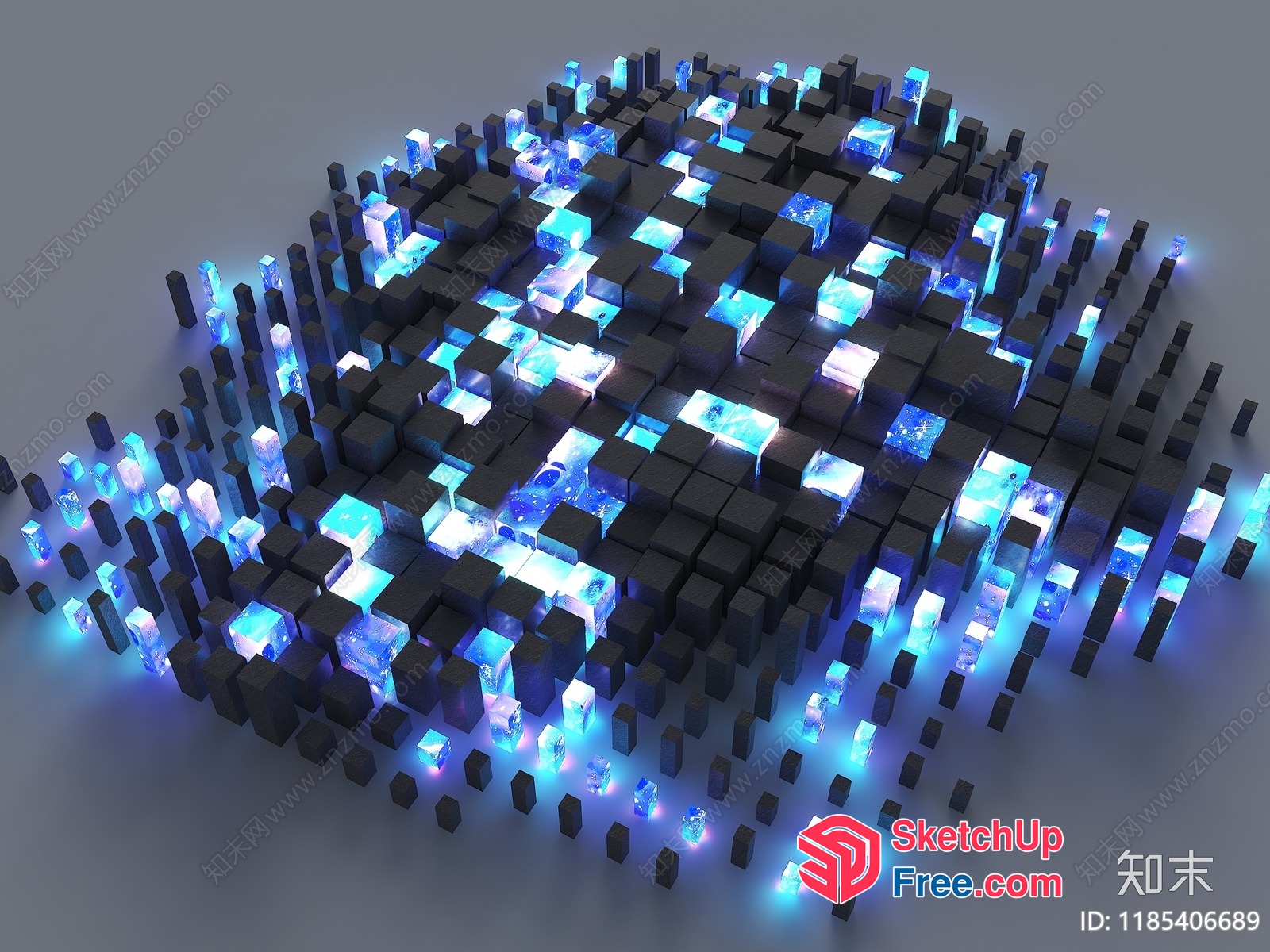 Futuristic Blue Lighted 3D Cube Array 3D SketchUp File