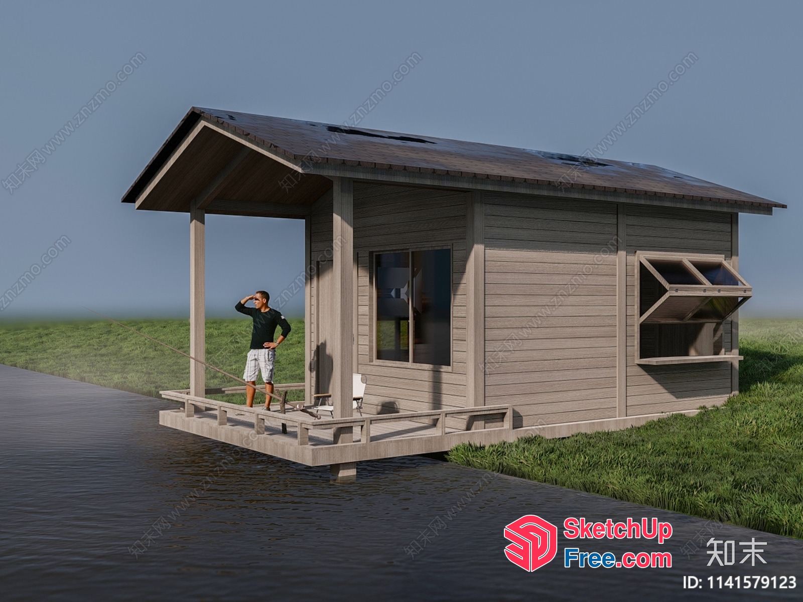 Man Standing On A Floating Wooden Dock And Looking At A Small Wooden Building 3D SketchUp File