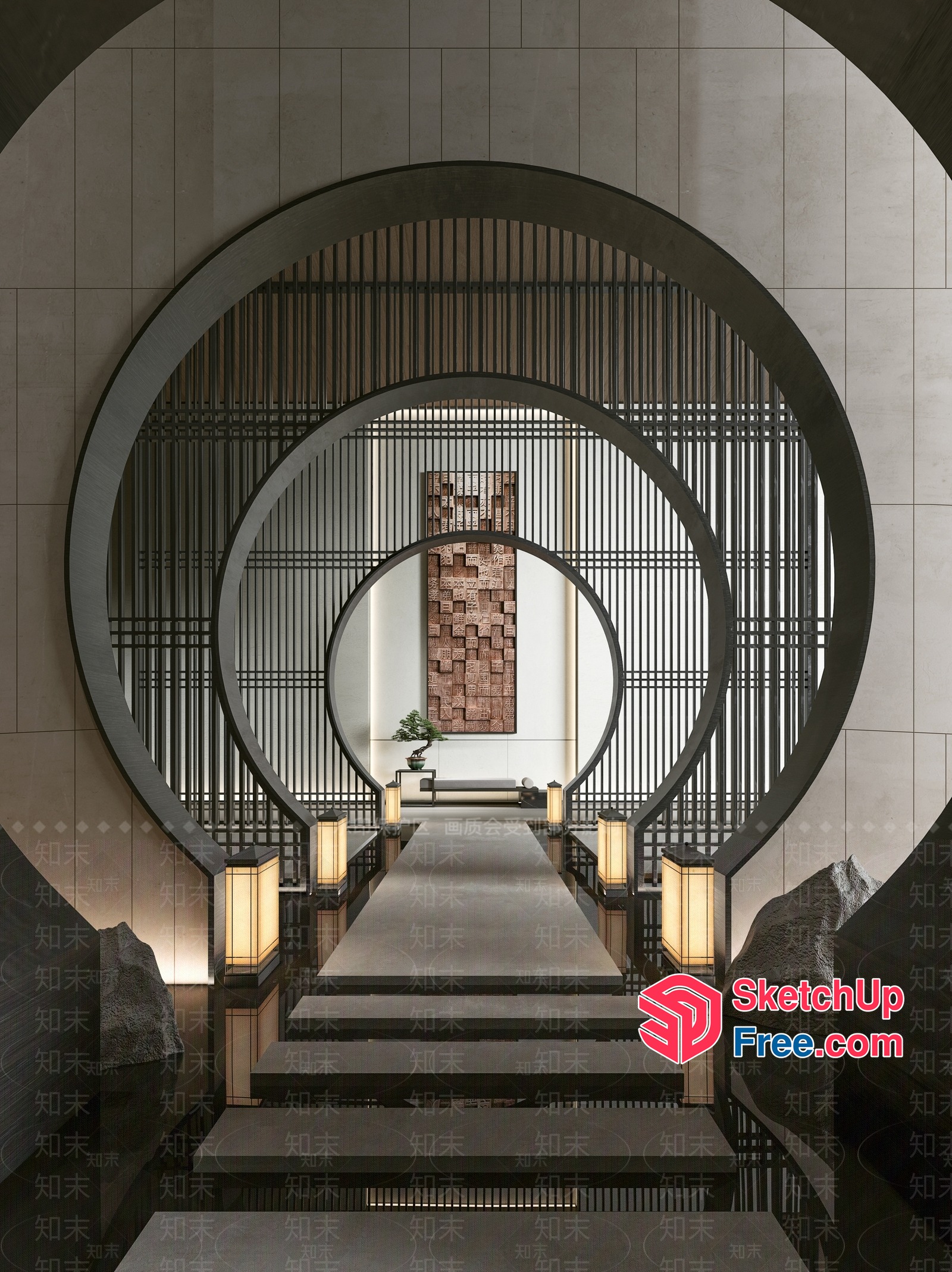 Japanese Style Staircase With Circular Railing And Lanterns 3D SketchUp File