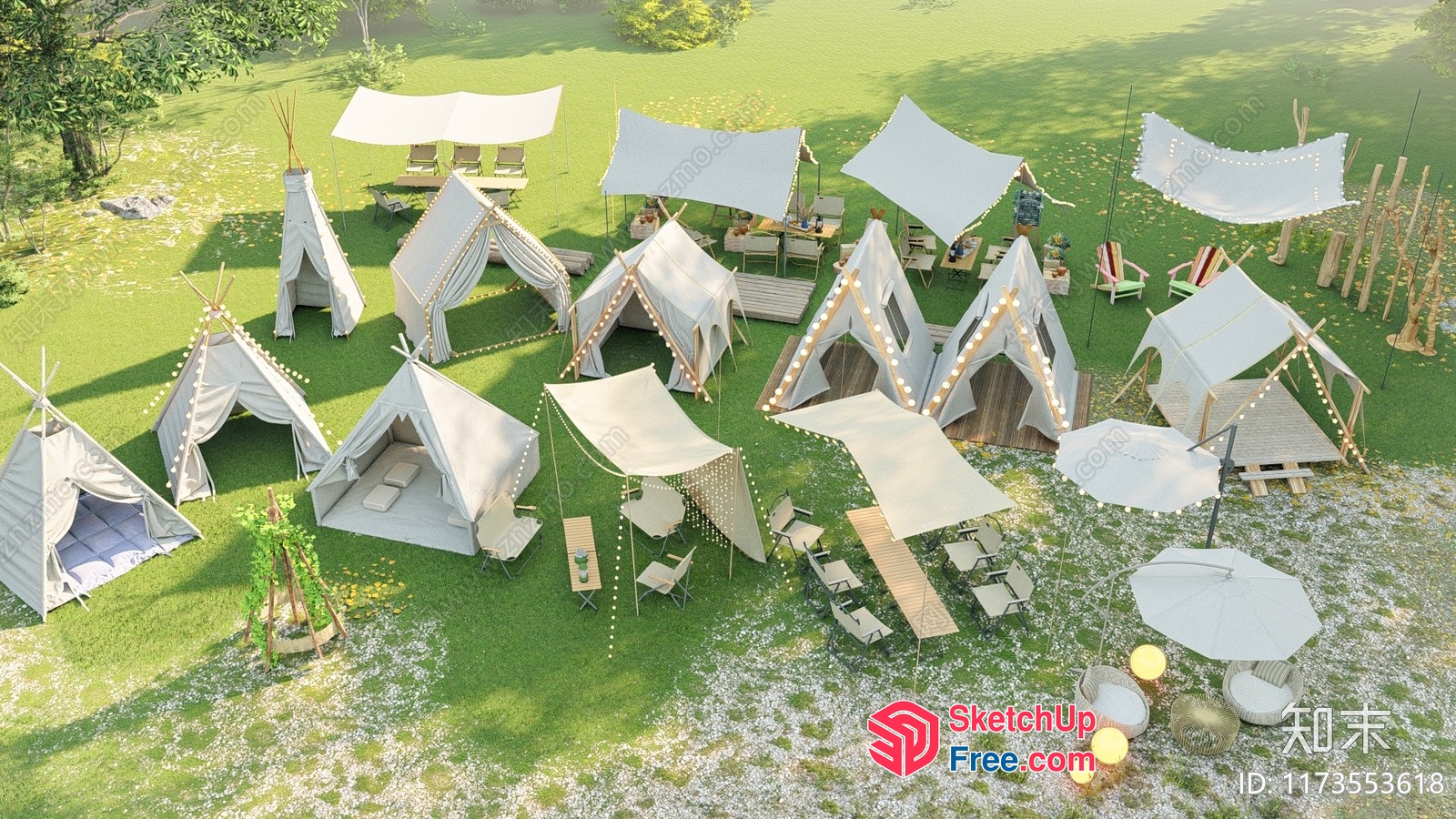 Outdoor Campsite With Teepees And Furnishings 3D SketchUp File