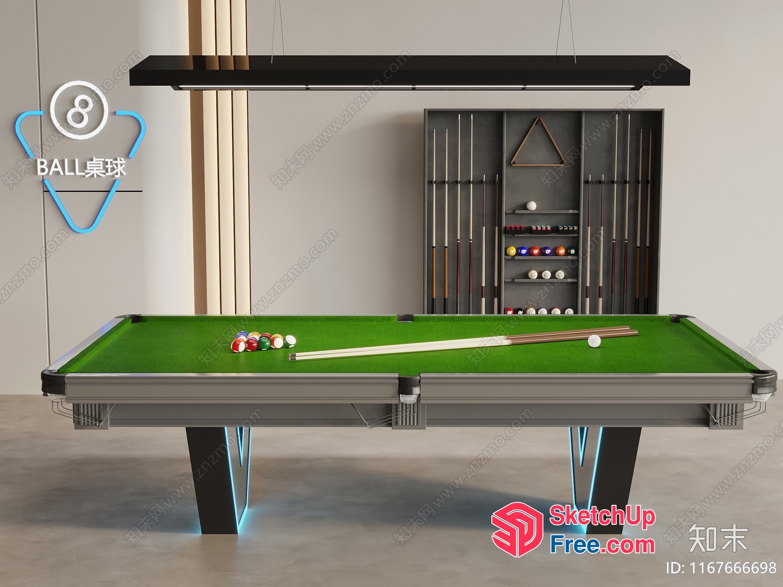 Modern Billiard Table With Hanging Light Fixture 3D SketchUp File