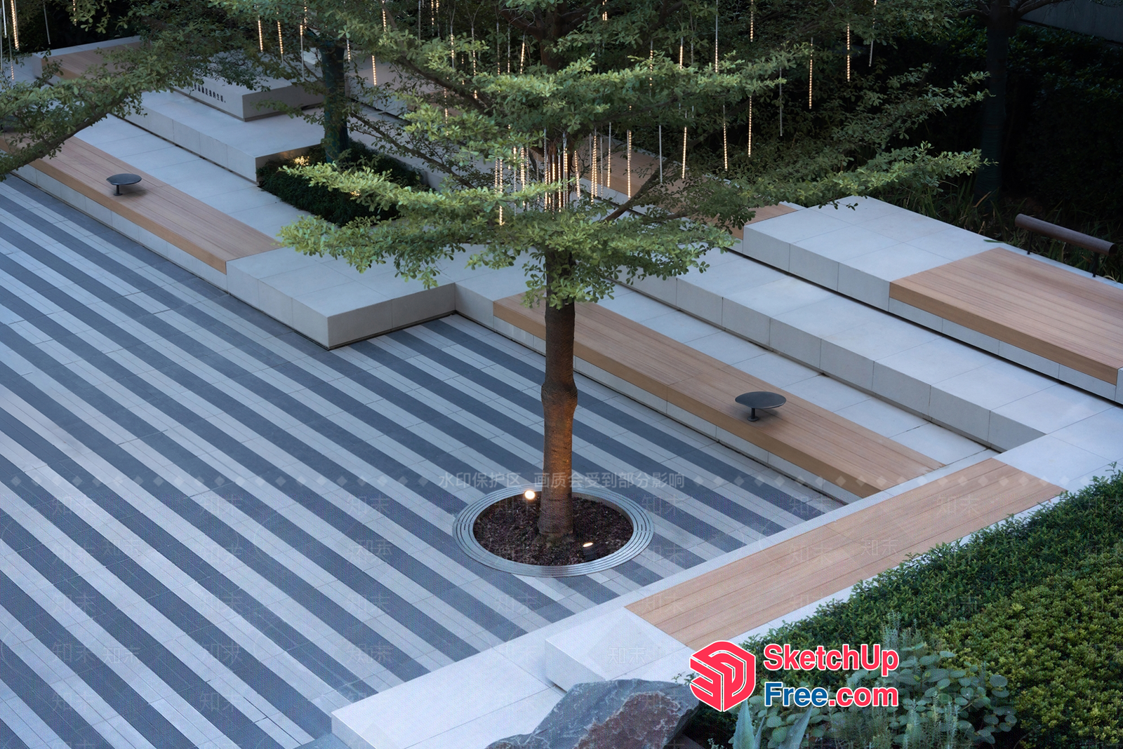 Striped Outdoor Seating Area With Tree 3D SketchUp File