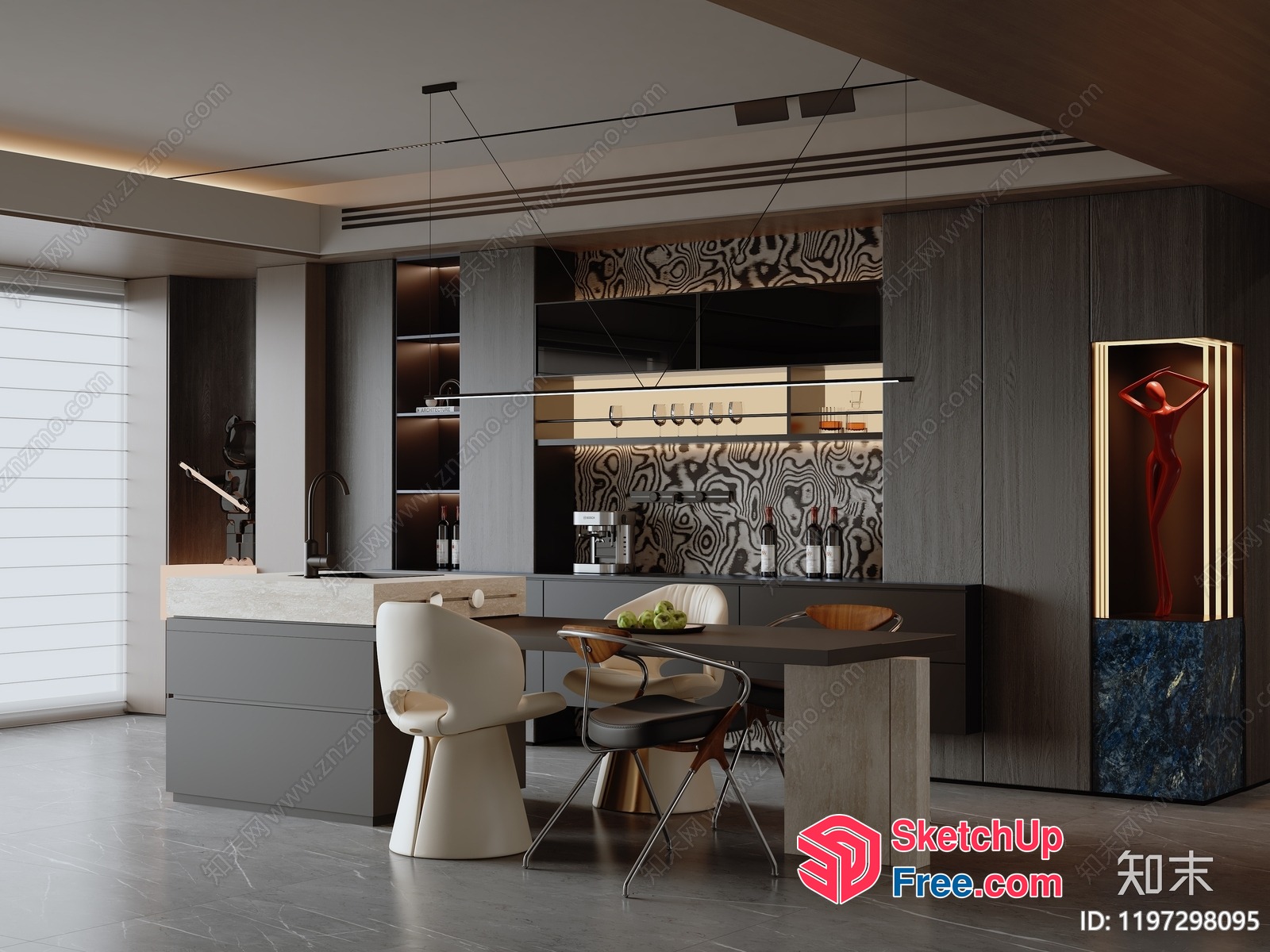 Modern Kitchen With Island And Dining Table 3D SketchUp File