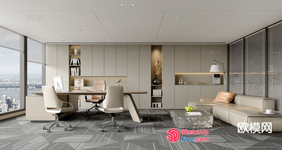 Elegant Modern Office Interior With City View 3D SketchUp File