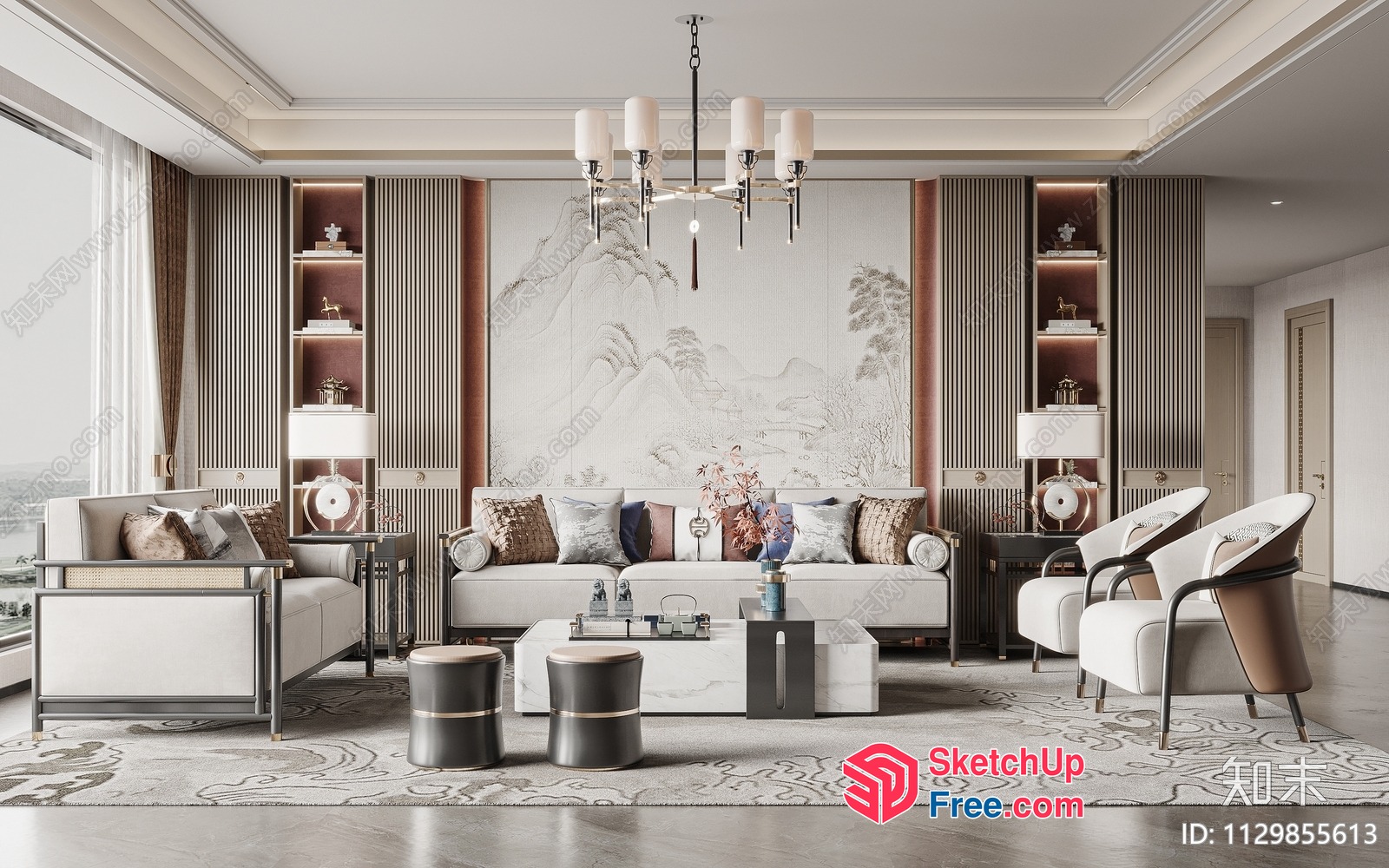 Elegant Living Room With Traditional Chinese Style 3D SketchUp File
