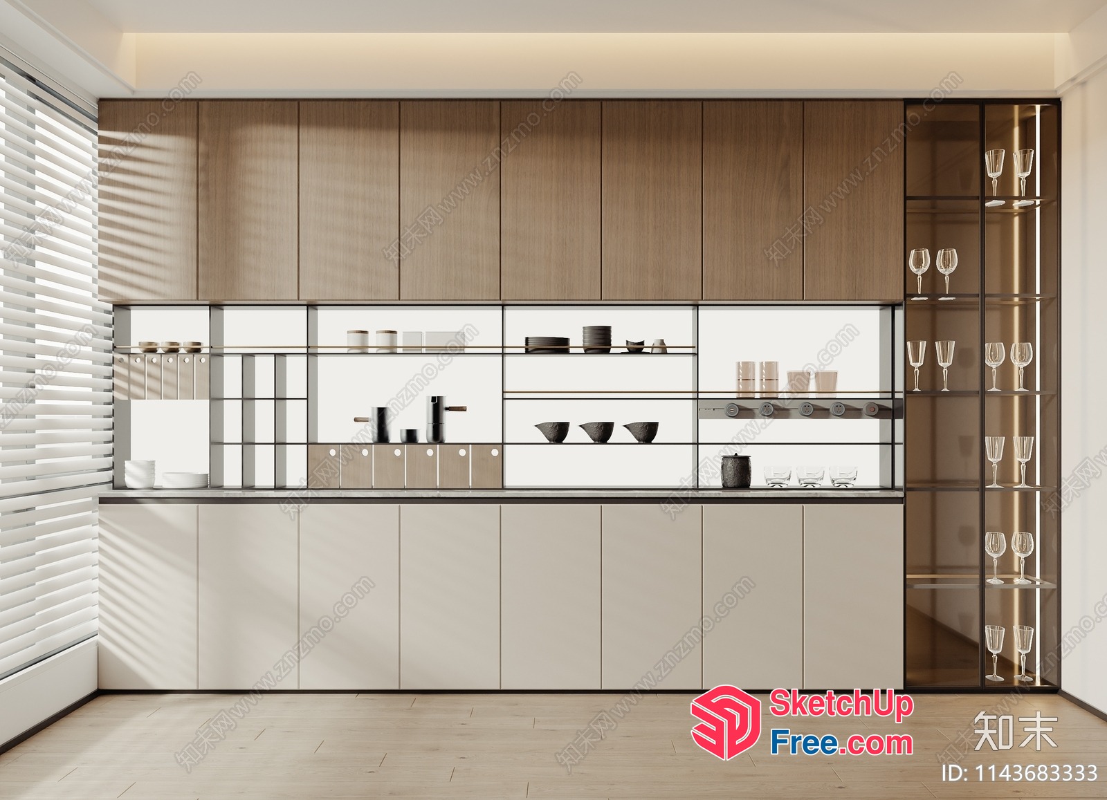 Modern Minimalist Kitchen Interior With Glass Shelves And Cabinets 3D SketchUp File