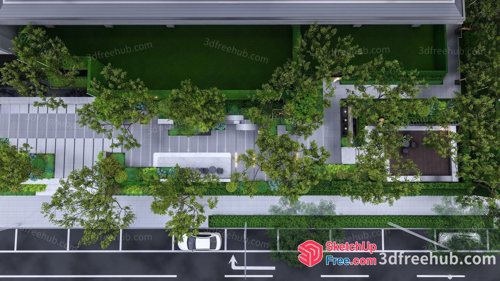 Modern Building With Parking Lot And Greenery 3D SketchUp File