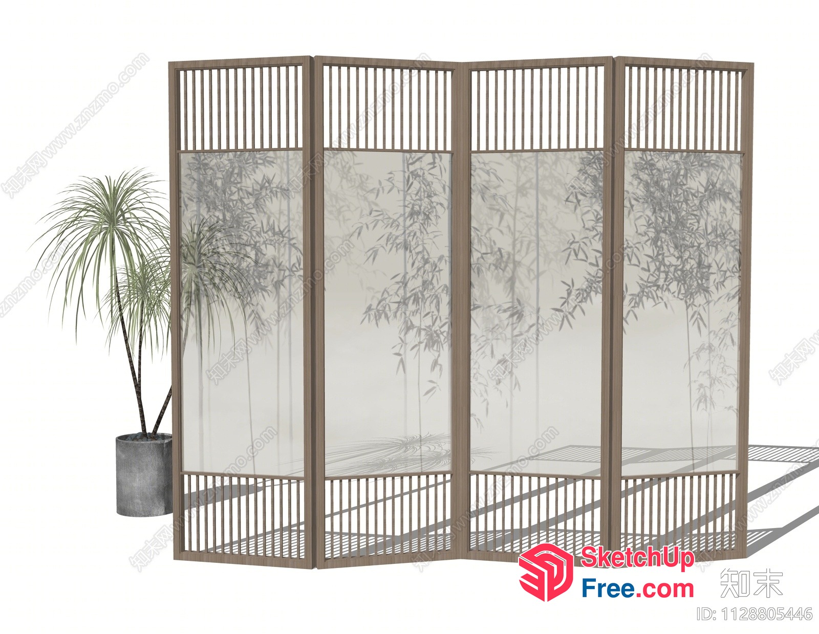 Four-Panel Partition Screen With Bamboo And Plant Decorations 3D SketchUp File