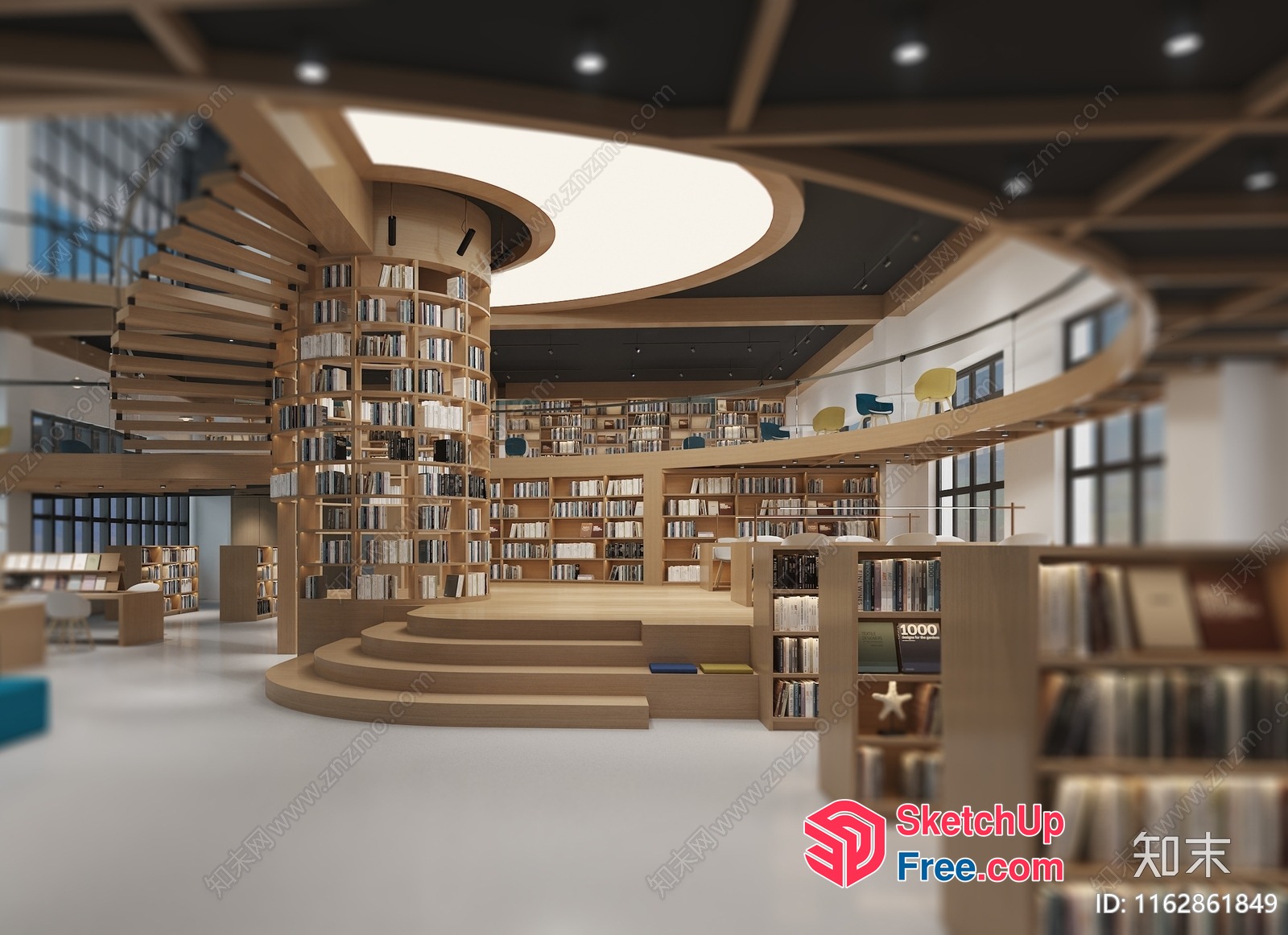 Circular Bookshelves And Staircase In Modern Library Interior 3D SketchUp File