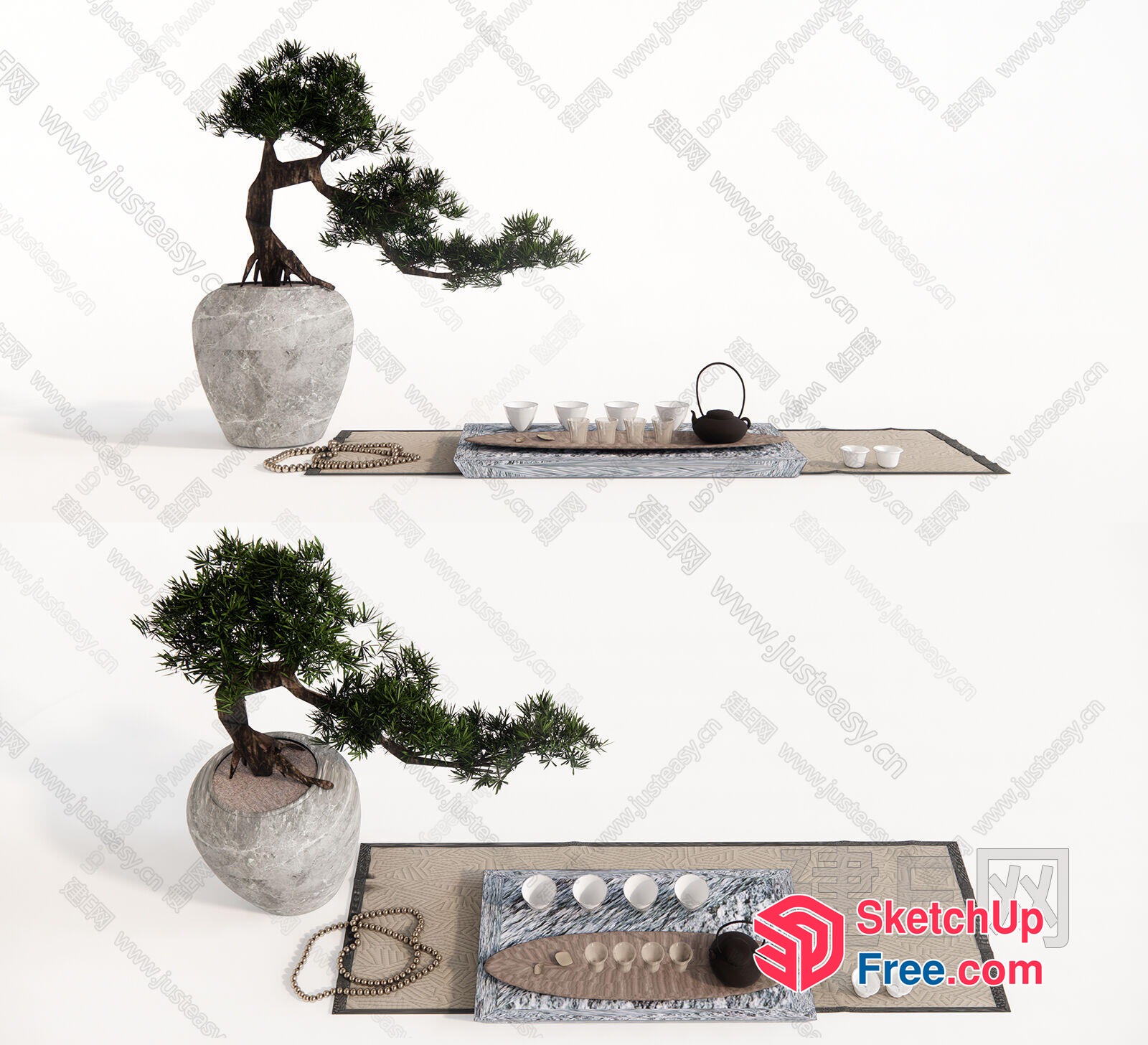 Serene Japanese-Inspired Interior With Potted Plant And Tea Set 3D SketchUp File