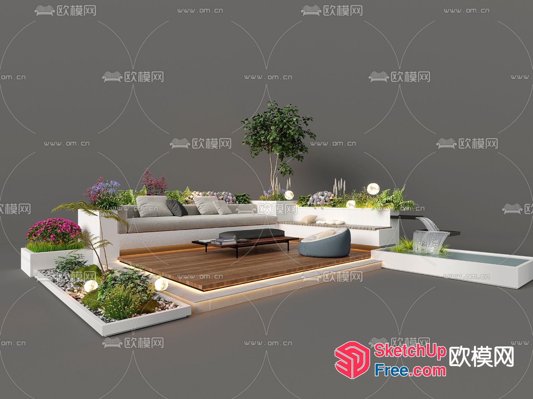 Modern Living Room With Water Feature And Outdoor Decor 3D SketchUp File