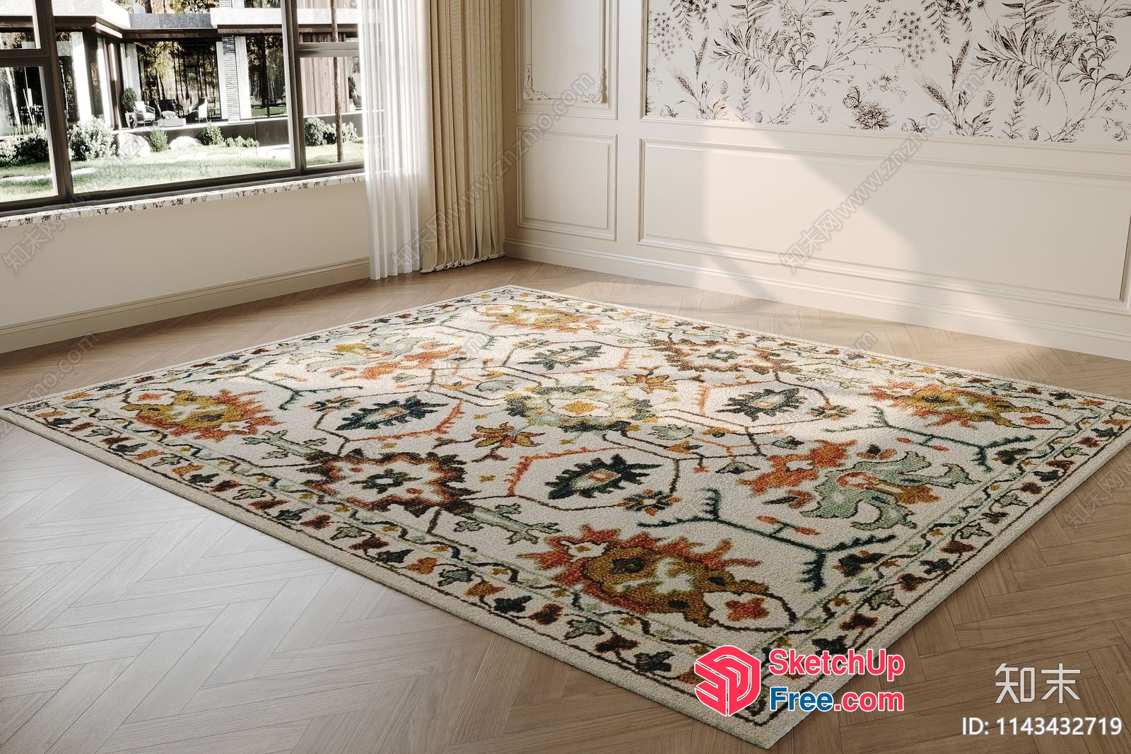 Traditional Style Rug With Floral Pattern And Cream Background 3D SketchUp File
