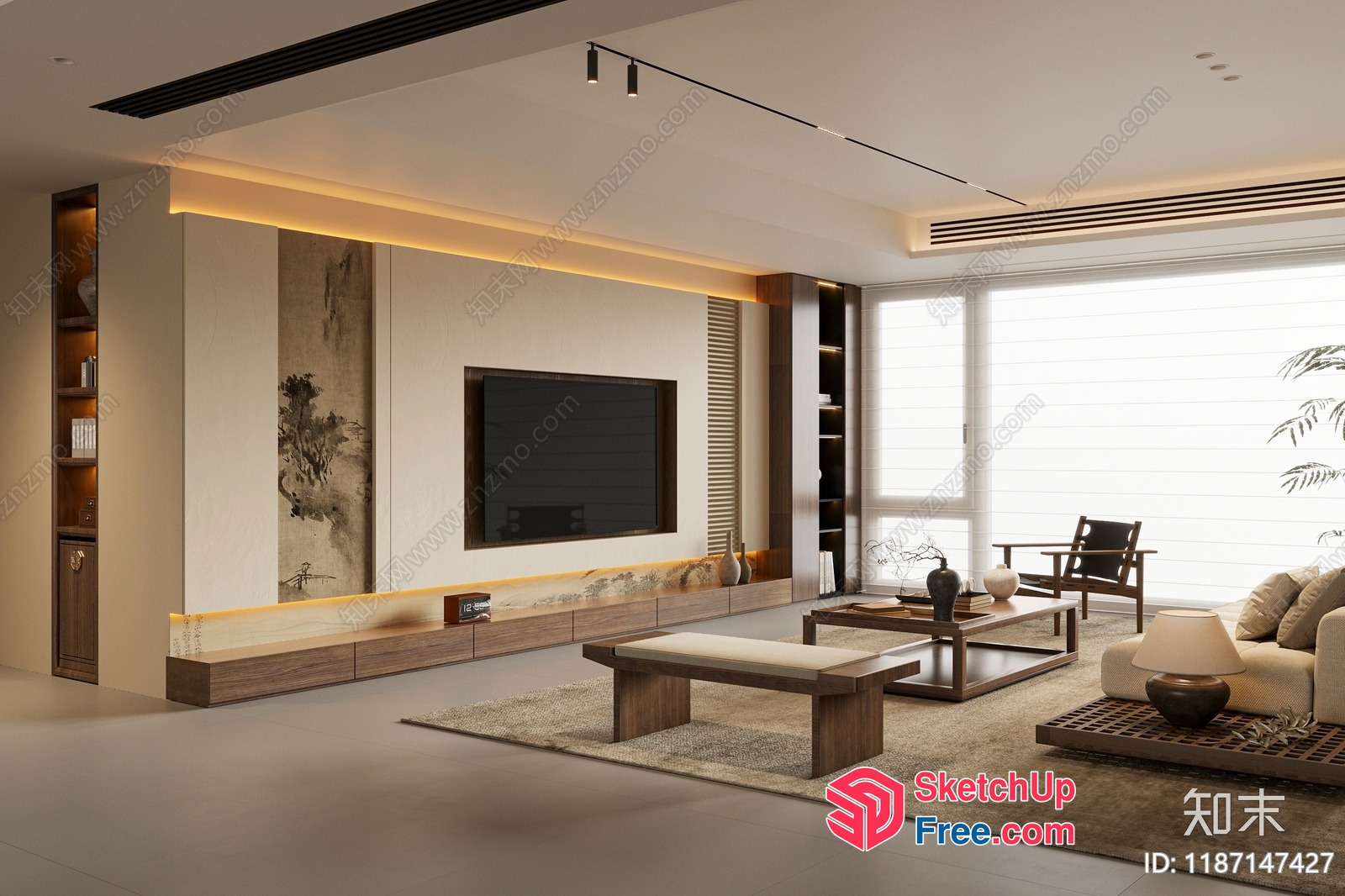 Modern Japanese-Inspired Living Room With Natural Light 3D SketchUp File