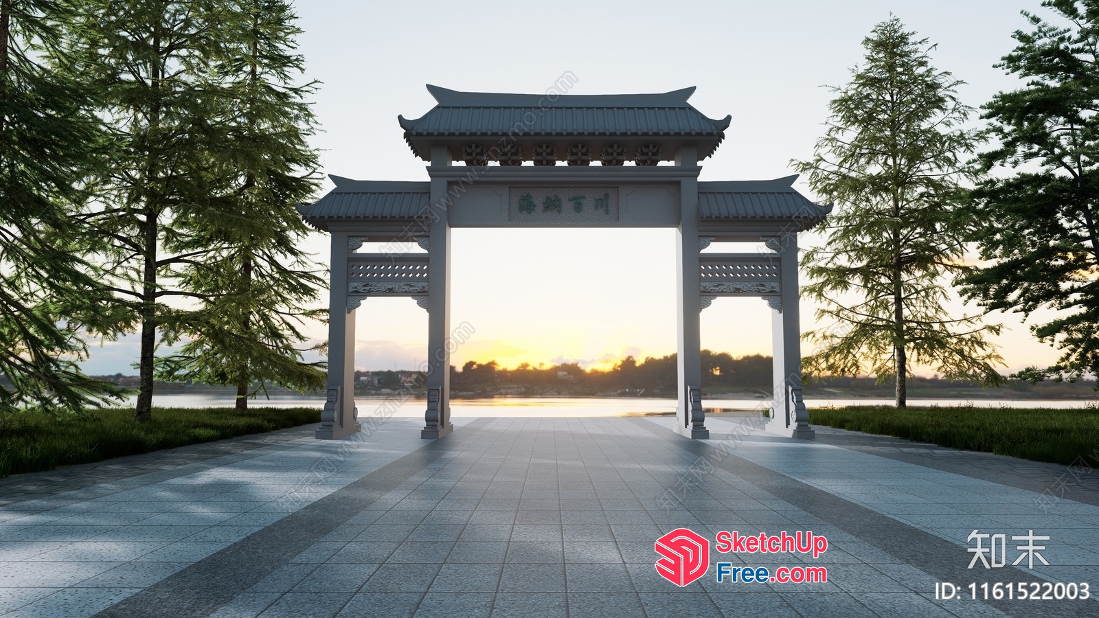 Asian Style Pavilion Entrance With Pillars And Roof 3D SketchUp File