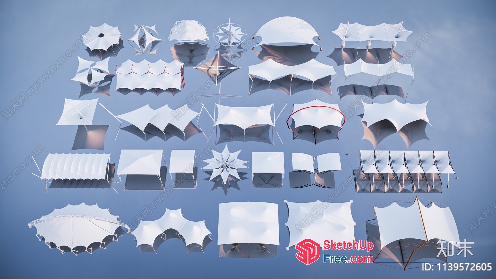 White Fabric Umbrellas In Various Shapes 3D SketchUp File
