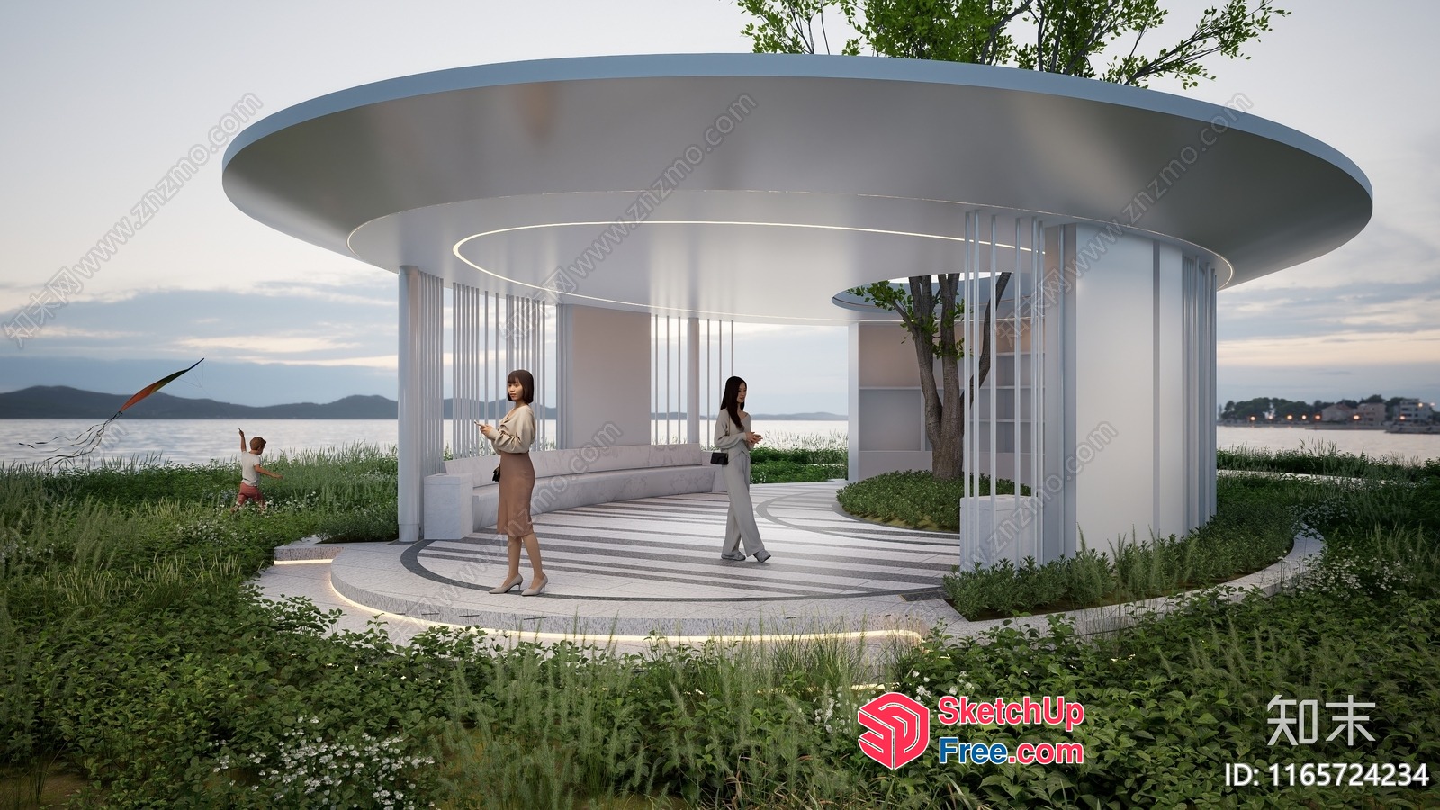 Modern White Pavilion With Circular Roof And Pillars 3D SketchUp File