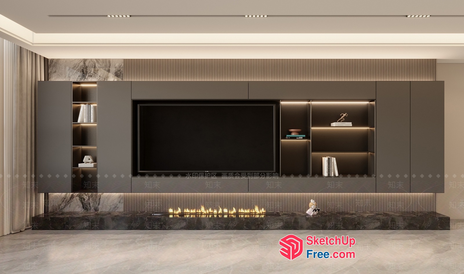 Modern Tv Wall With Fireplace And Bookshelf 3D SketchUp File