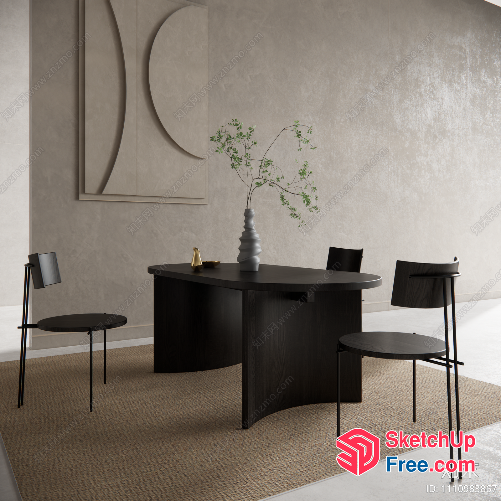 Modern Minimalist Dining Room With Black Furniture And Beige Rug 3D SketchUp File