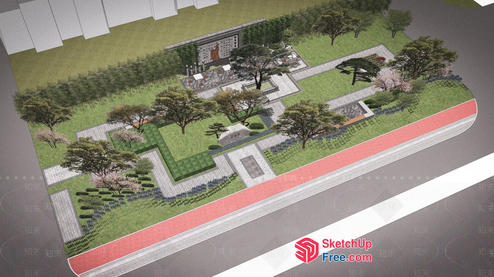 3D Rendering Of A Serene Park With A Pathway And Trees 3D SketchUp File