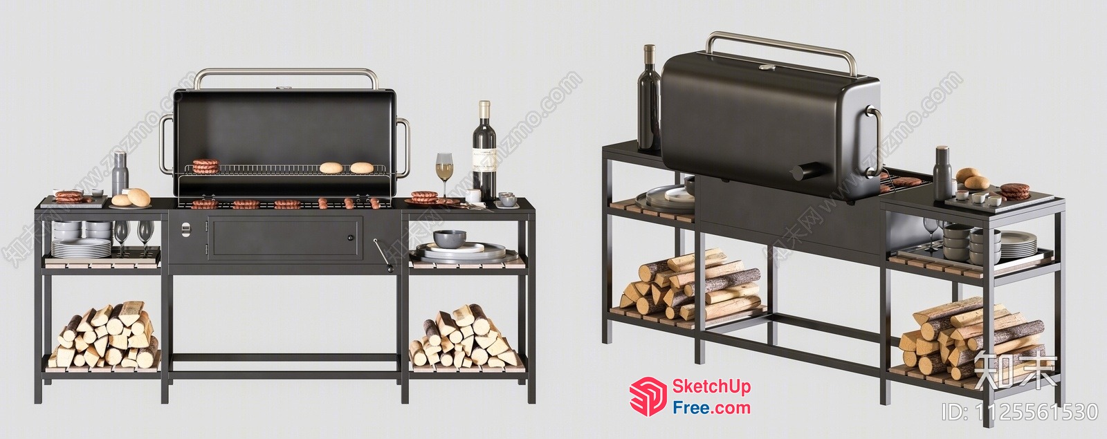 Outdoor Barbecue Grill With Wine And Firewood 3D SketchUp File