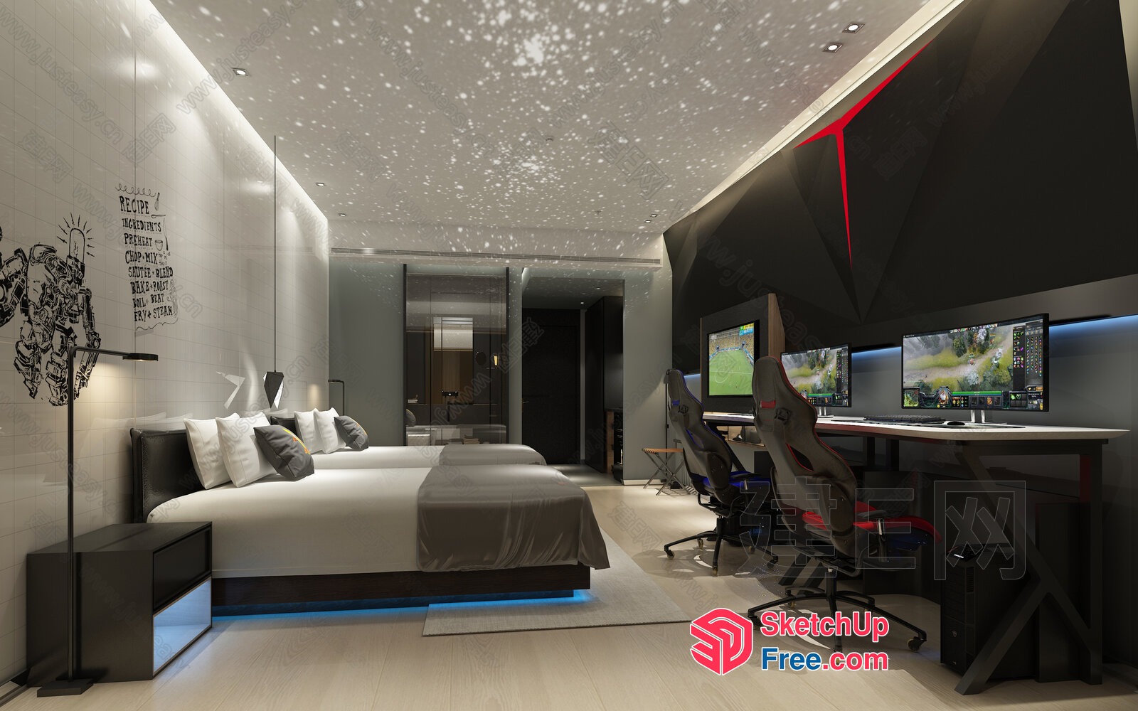 Modern Luxury Bedroom With Gaming Station 3D SketchUp File