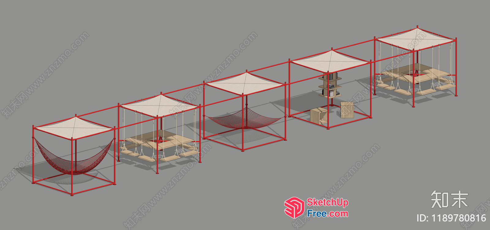 Hammock-Filled Outdoor Seating Area With Canopies 3D SketchUp File