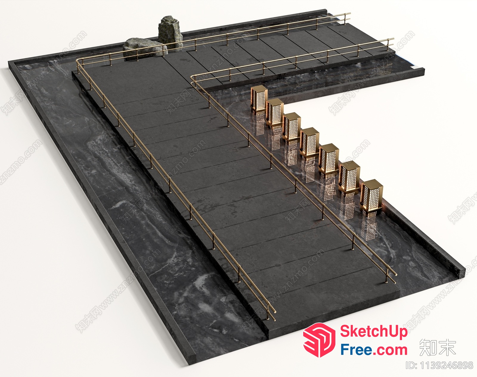 Staircase With Marble And Gold Railings 3D SketchUp File