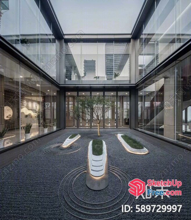 Modern Glass And Steel Interior With Zen Garden 3D SketchUp File