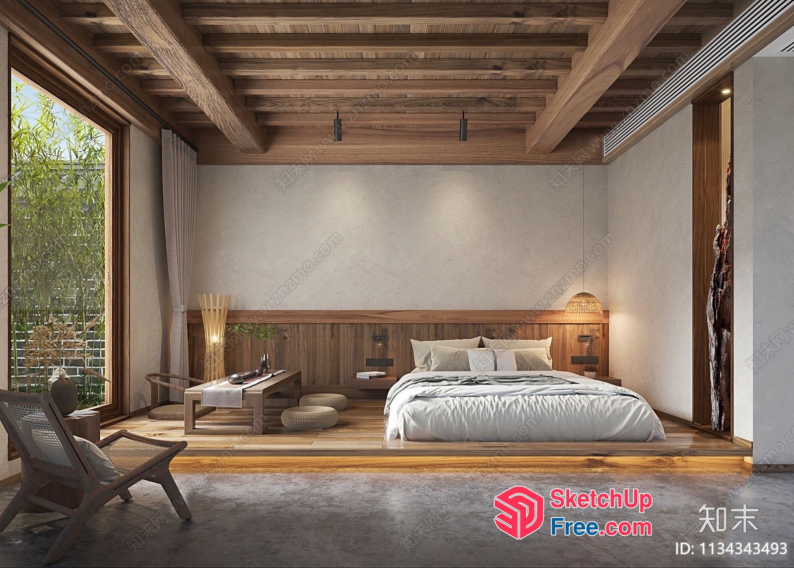 Rustic Japanese-Inspired Bedroom With Natural Wood Accents 3D SketchUp File