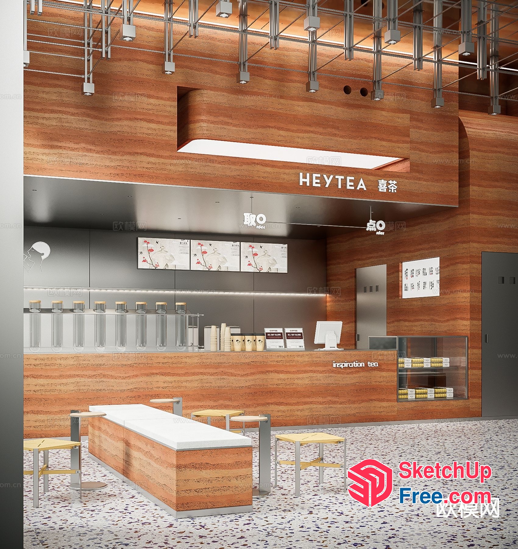 Modern Tea Shop Interior With Sleek Wooden Accents 3D SketchUp File
