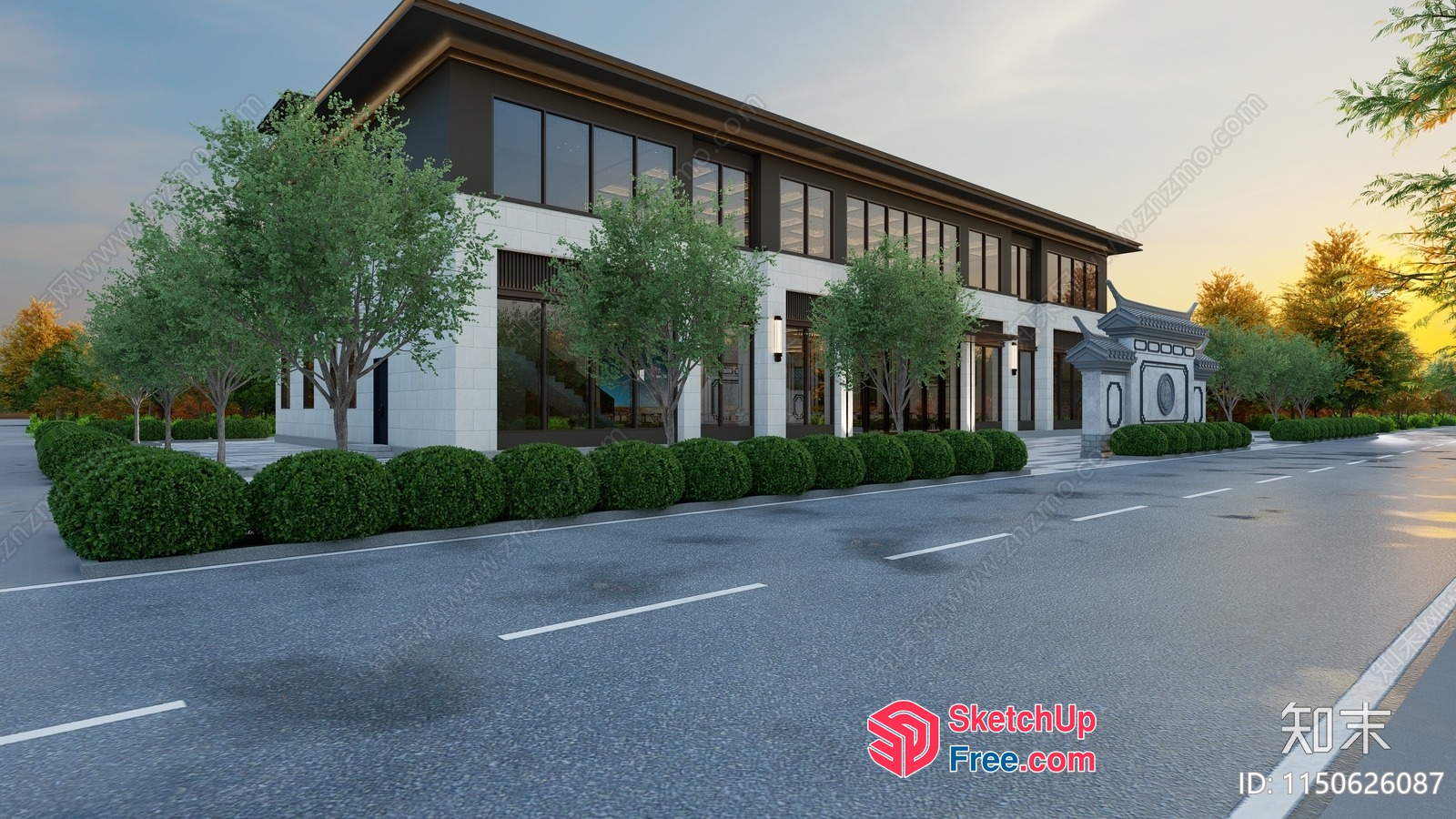 Modern Commercial Street Building With Asian-Inspired Decor 3D SketchUp File