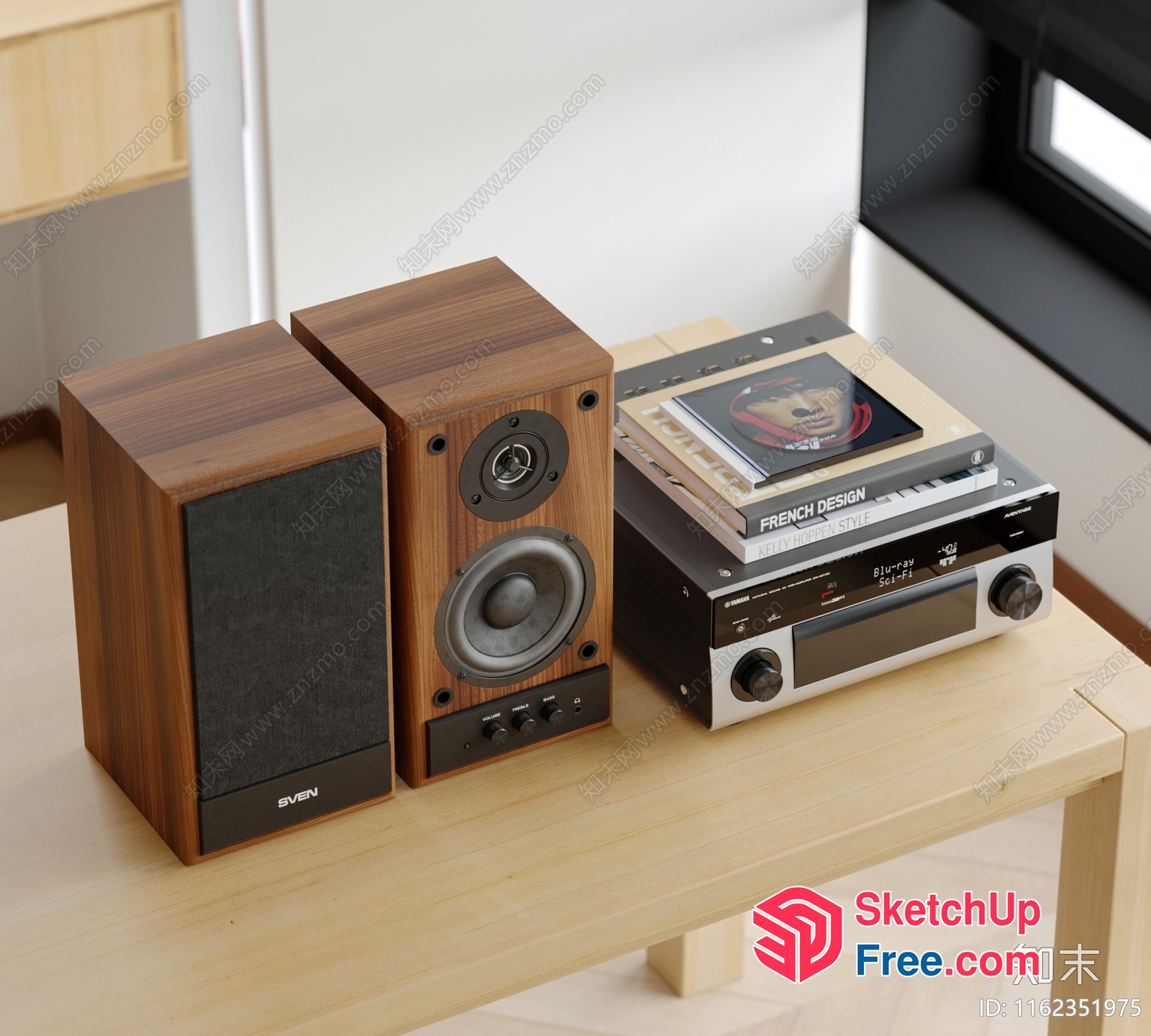 Wooden Speakers And Electronics On A Light-Colored Table 3D SketchUp File