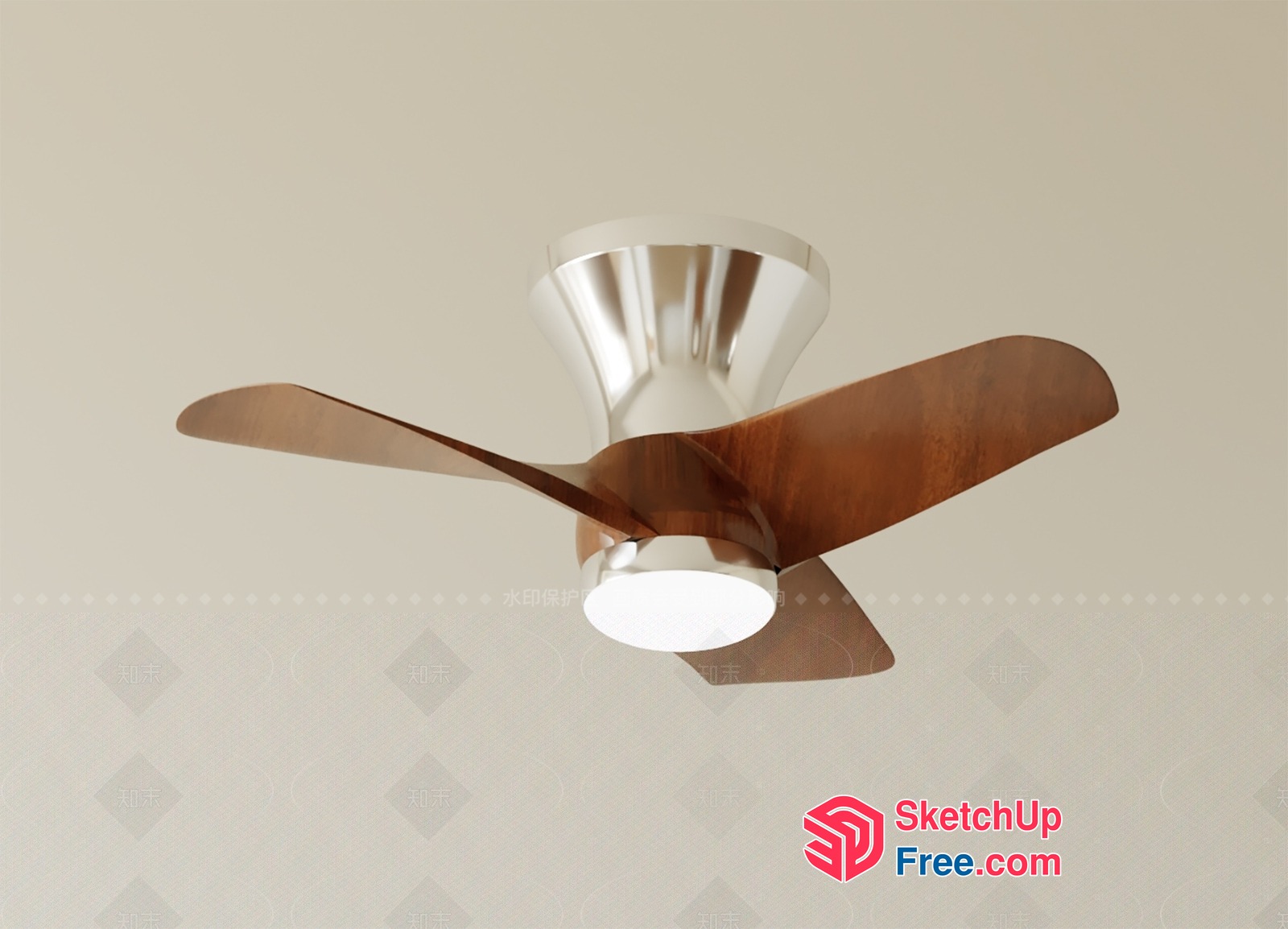 Modern Ceiling Fan With Wooden Blades And White Light 3D SketchUp File