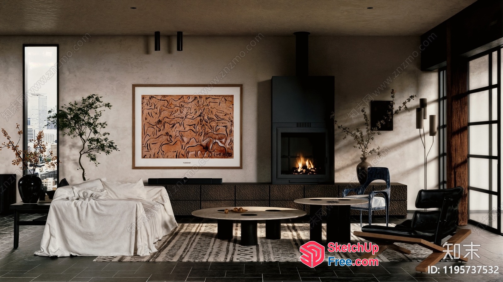 Modern Living Room With Fireplace And City View 3D SketchUp File