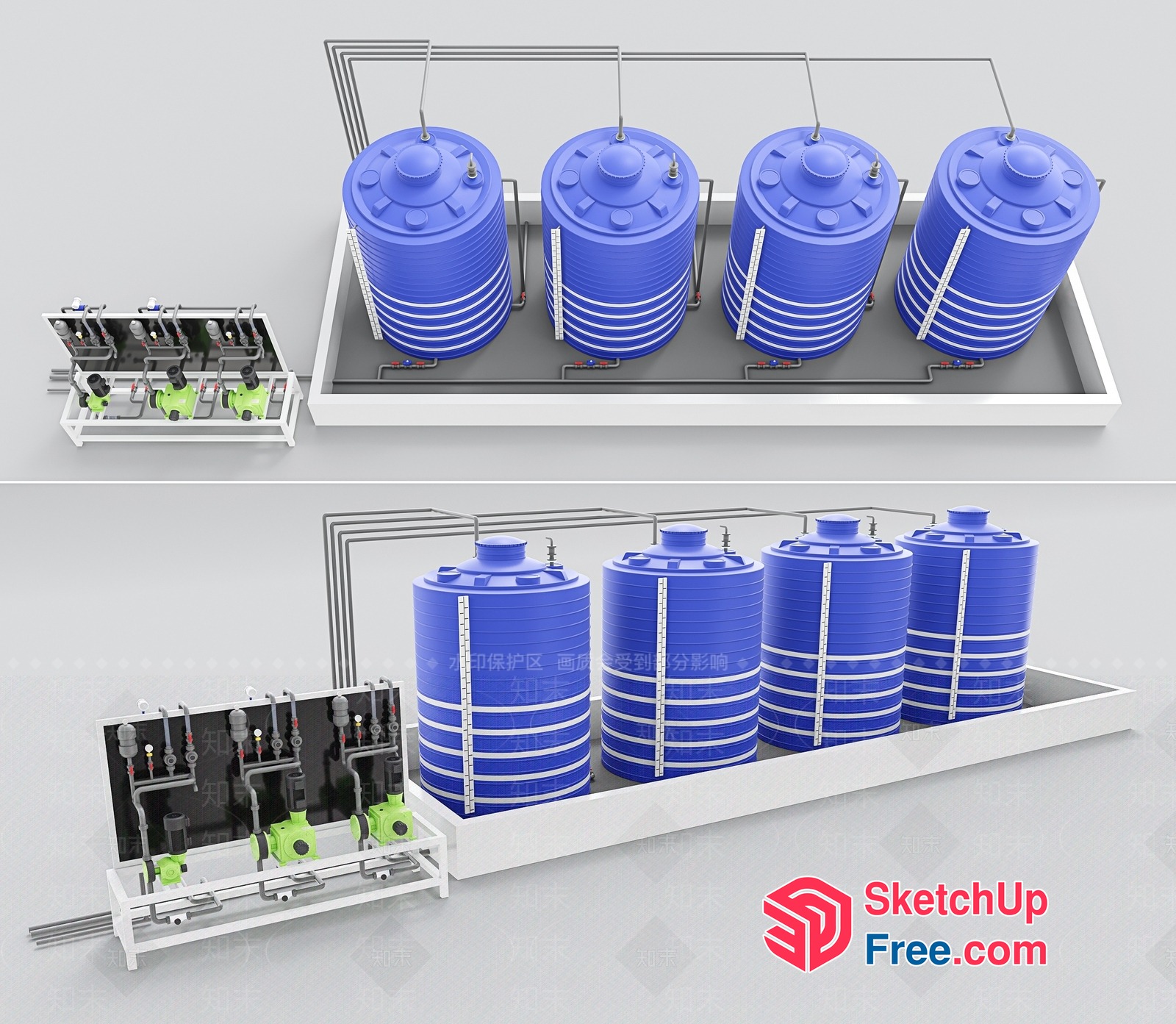 Water Storage System With Blue Tanks And Pumps 3D SketchUp File