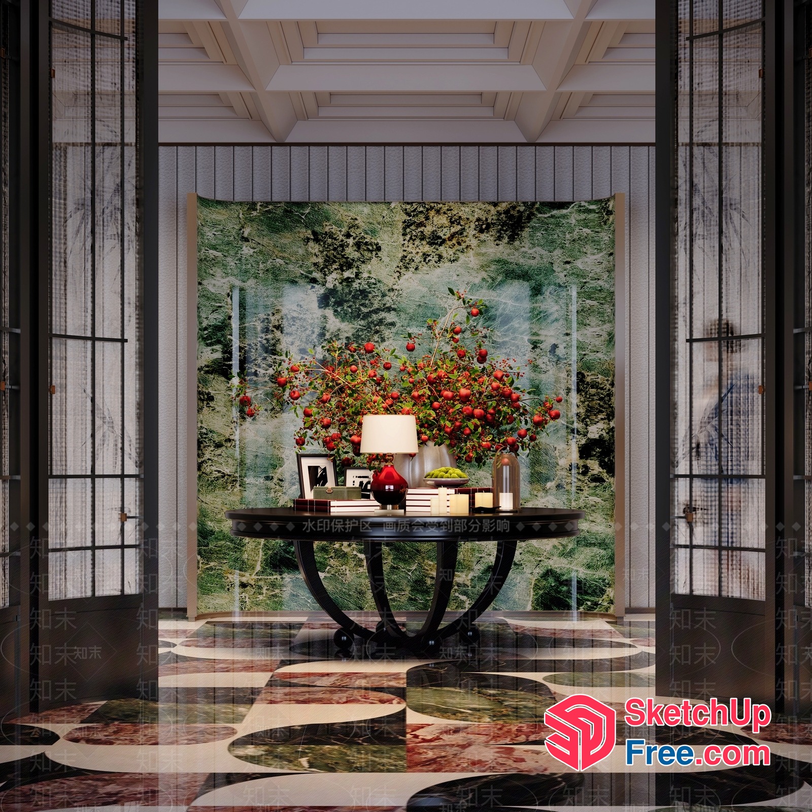 Luxurious Entryway With Marble Floor And Ornate Table 3D SketchUp File
