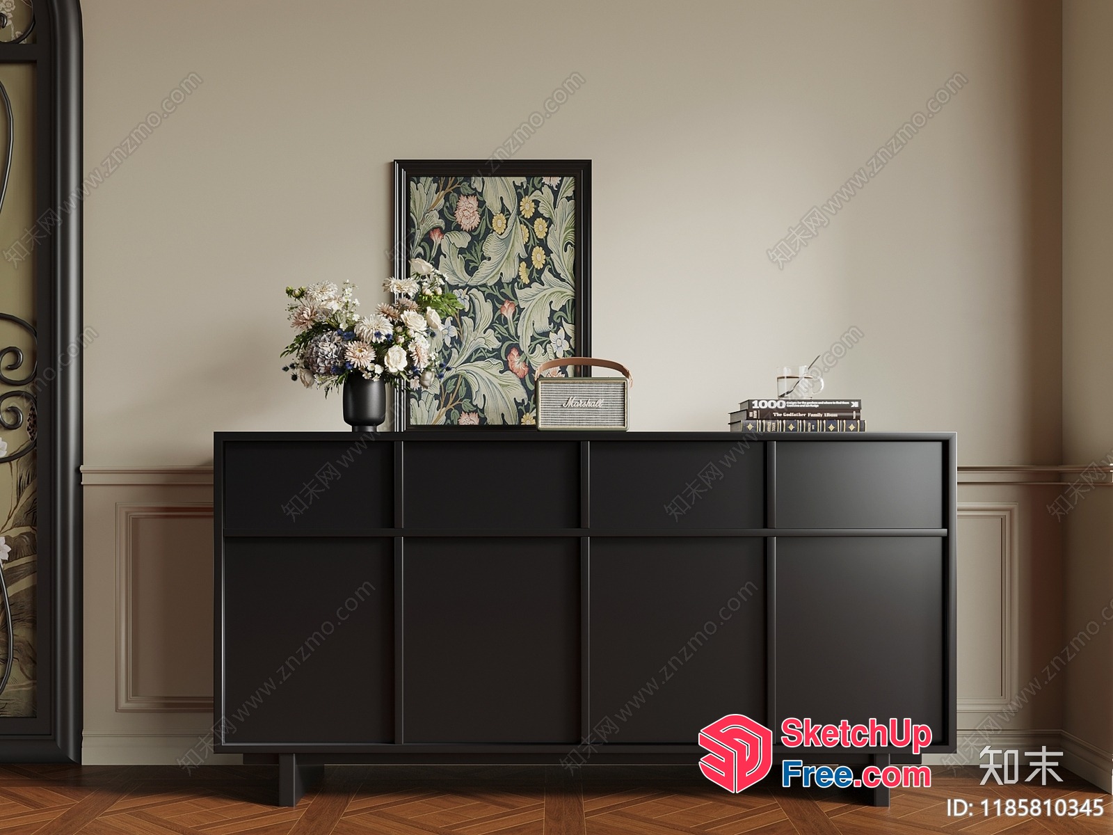 Elegant Black Sideboard With Floral Decor And Modern Decor 3D SketchUp File