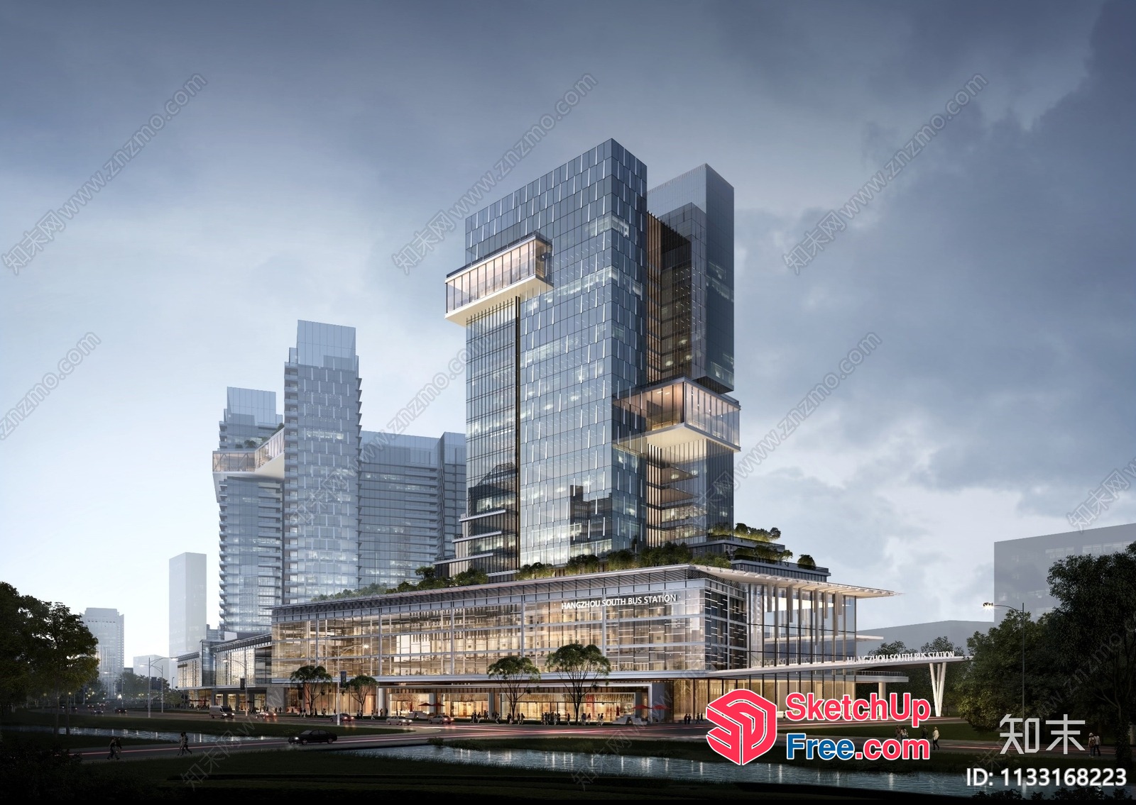Modern Glass Building With Rooftop Garden And Waterfront 3D SketchUp File