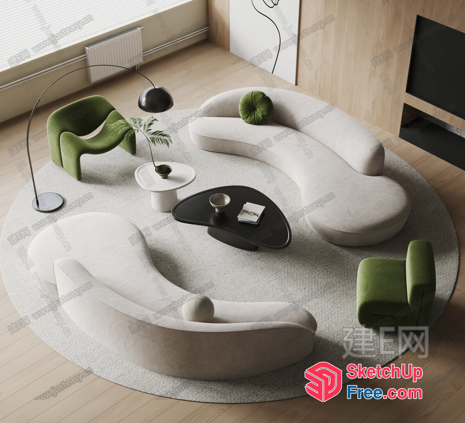 Elegant Modern Living Room With Curved Sofa And Green Chairs 3D SketchUp File