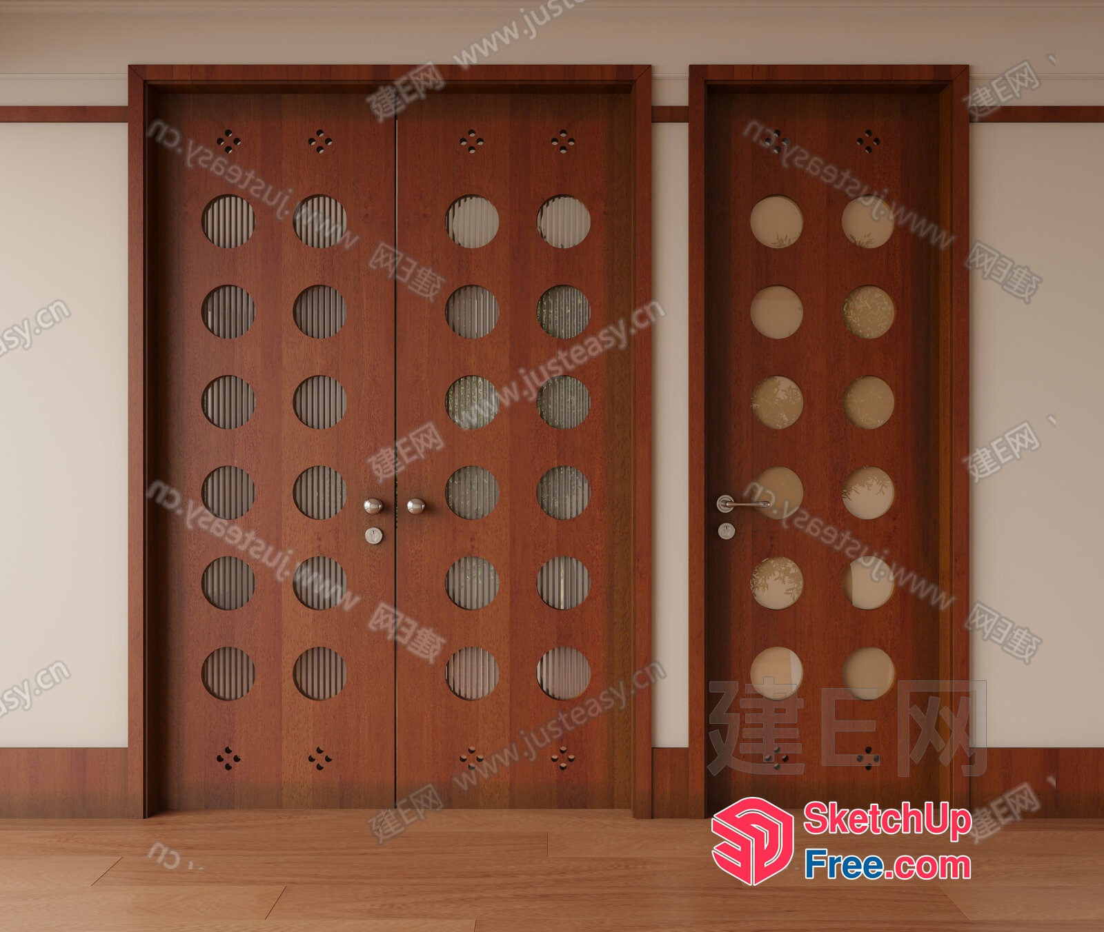 Two Brown Wooden Doors With Circular Cutouts 3D SketchUp File