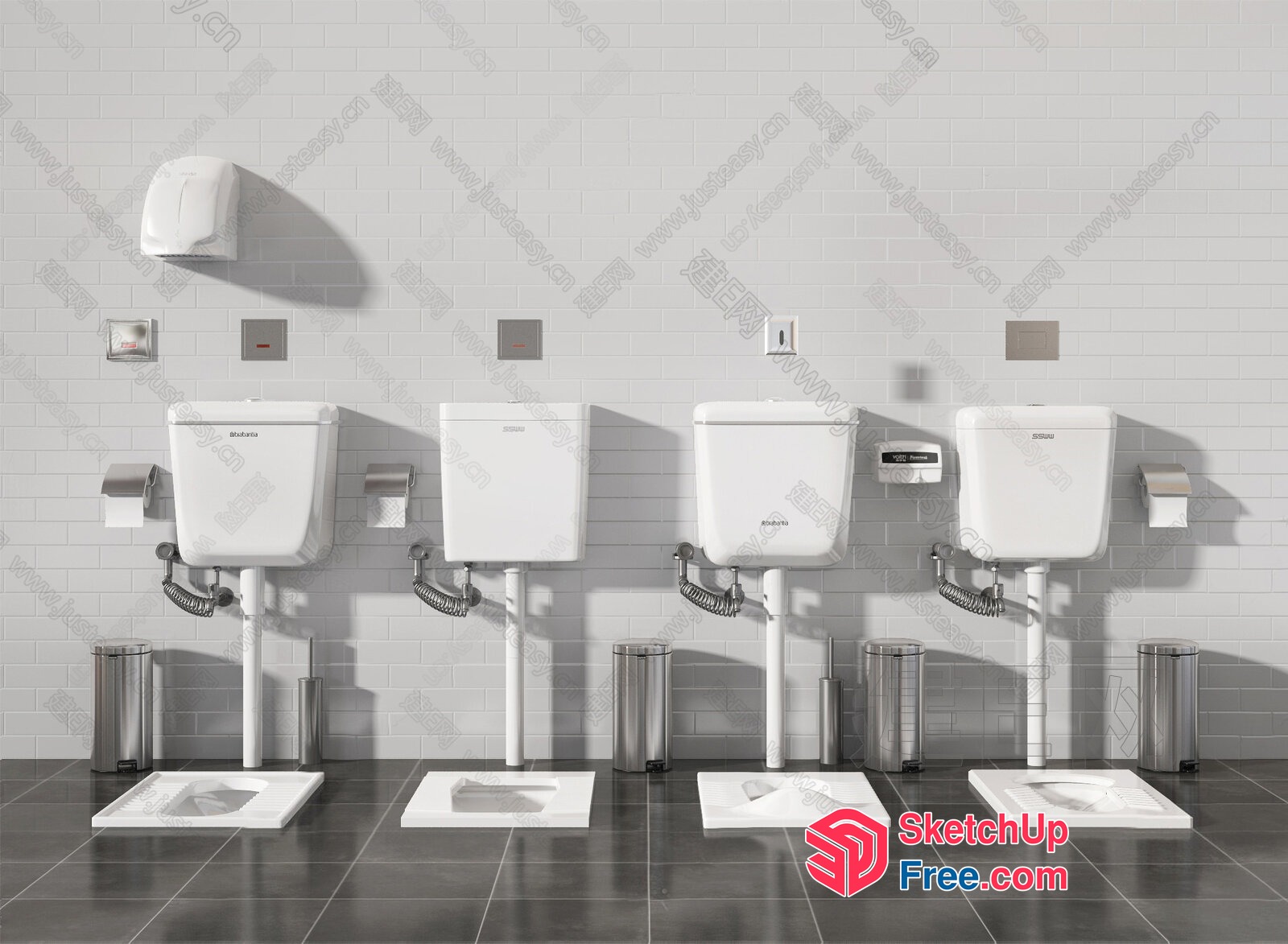 Public Restroom Facilities With Urinals And Waste Bins 3D SketchUp File