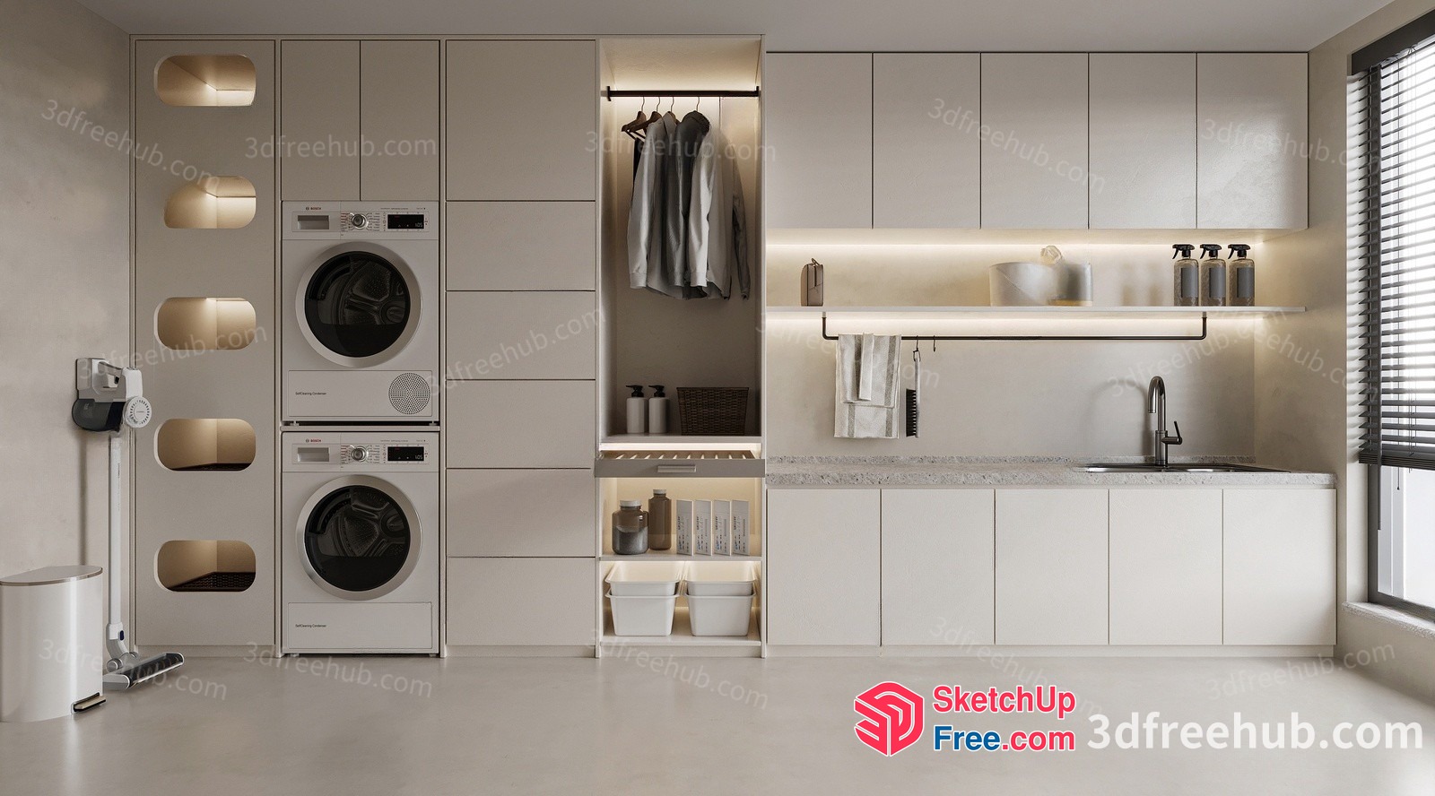 Modern Laundry Room With Sleek White Furniture And Lighting 3D SketchUp File