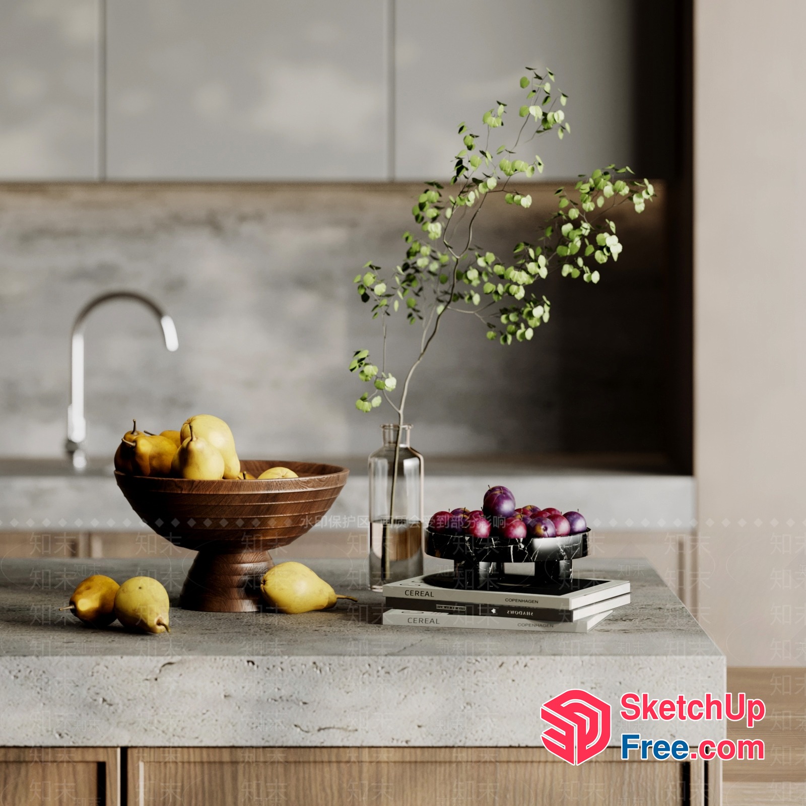 Modern Kitchen Island With Natural Wood Accents And Fresh Fruit 3D SketchUp File