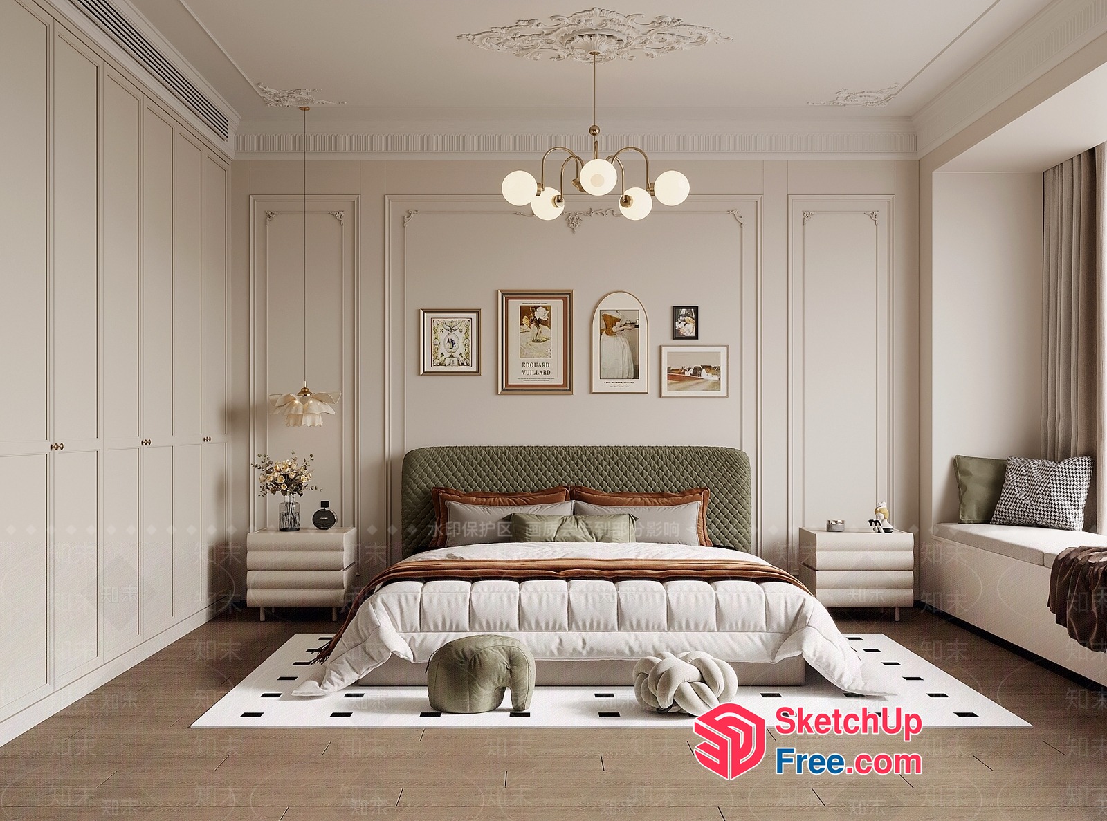 Elegant Creamy Style Bedroom With Green Accent 3D SketchUp File