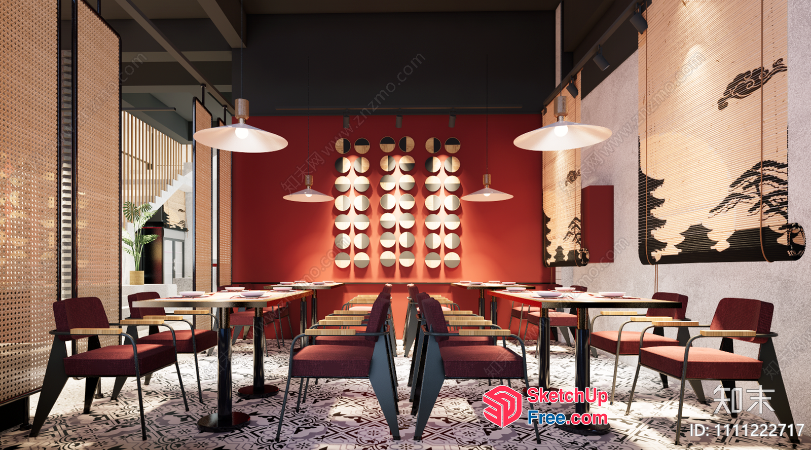 Elegant Dining Room With Red Accents And Asian-Inspired Decor 3D SketchUp File